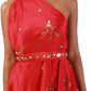 Bright Red Draped Cowl Dress with Hand Embroidery and Adjustable Shoulder