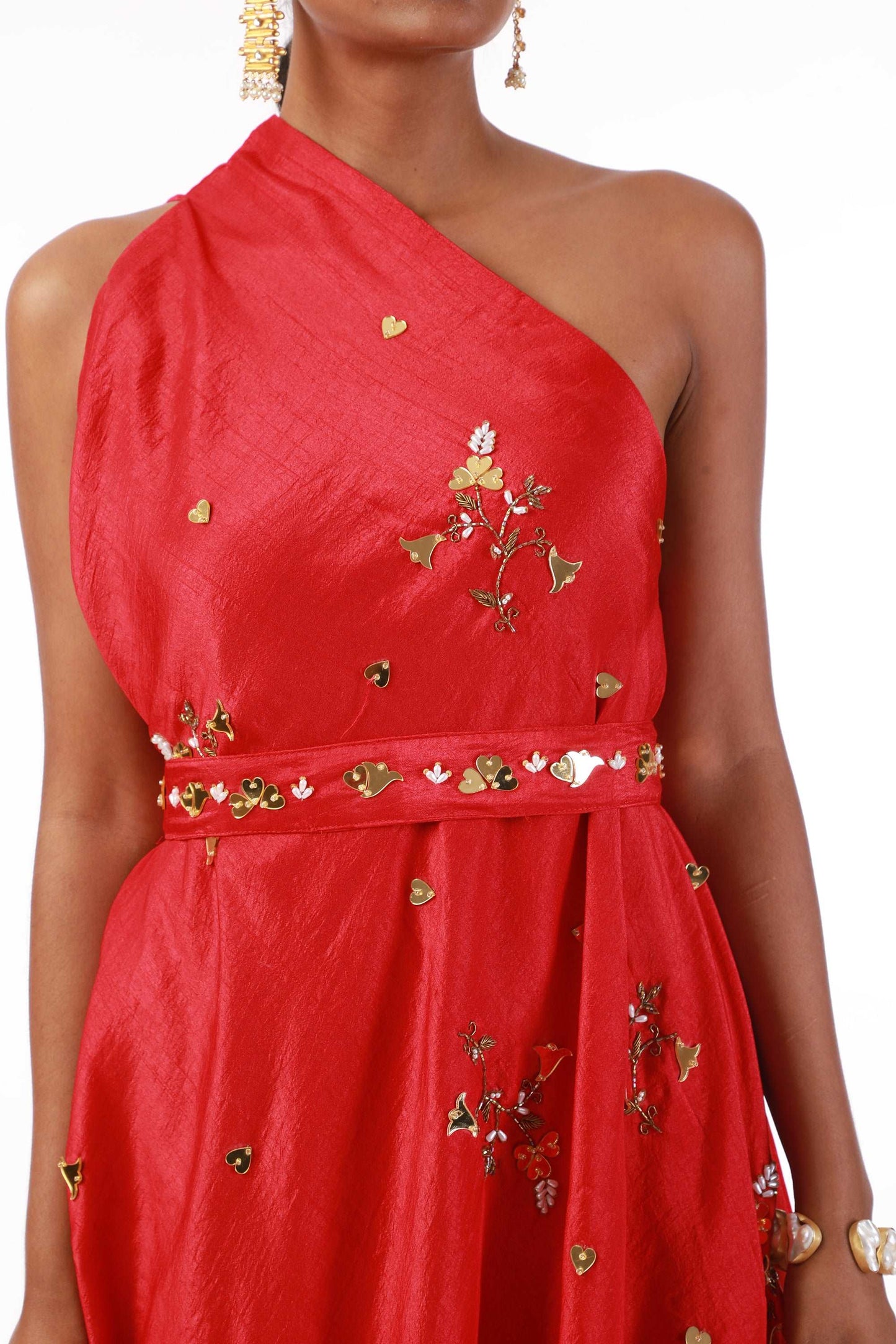 Bright Red Draped Cowl Dress with Hand Embroidery and Adjustable Shoulder