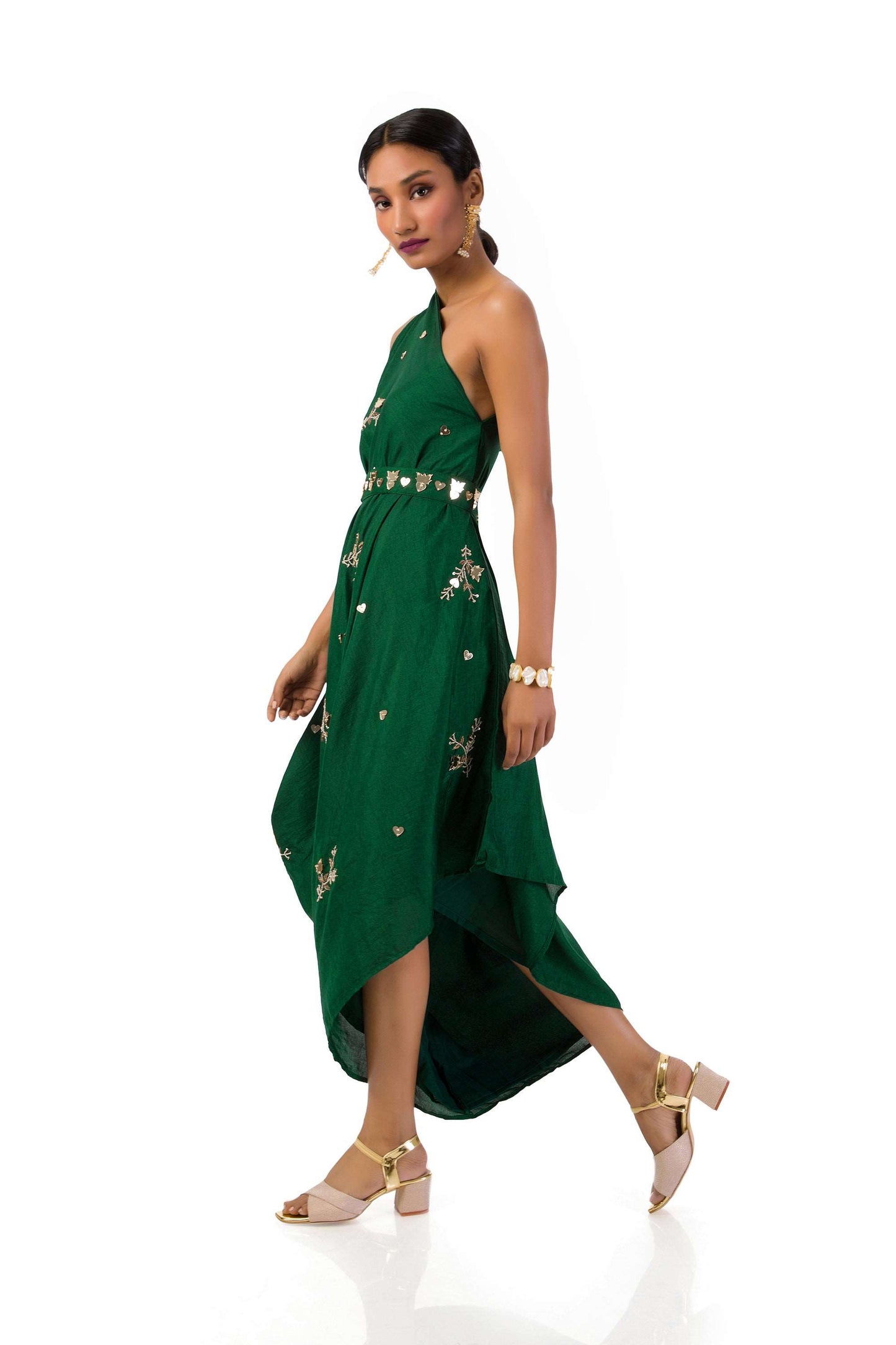 Bottle Green One-Shoulder Draped Gown with Hand Embroidery