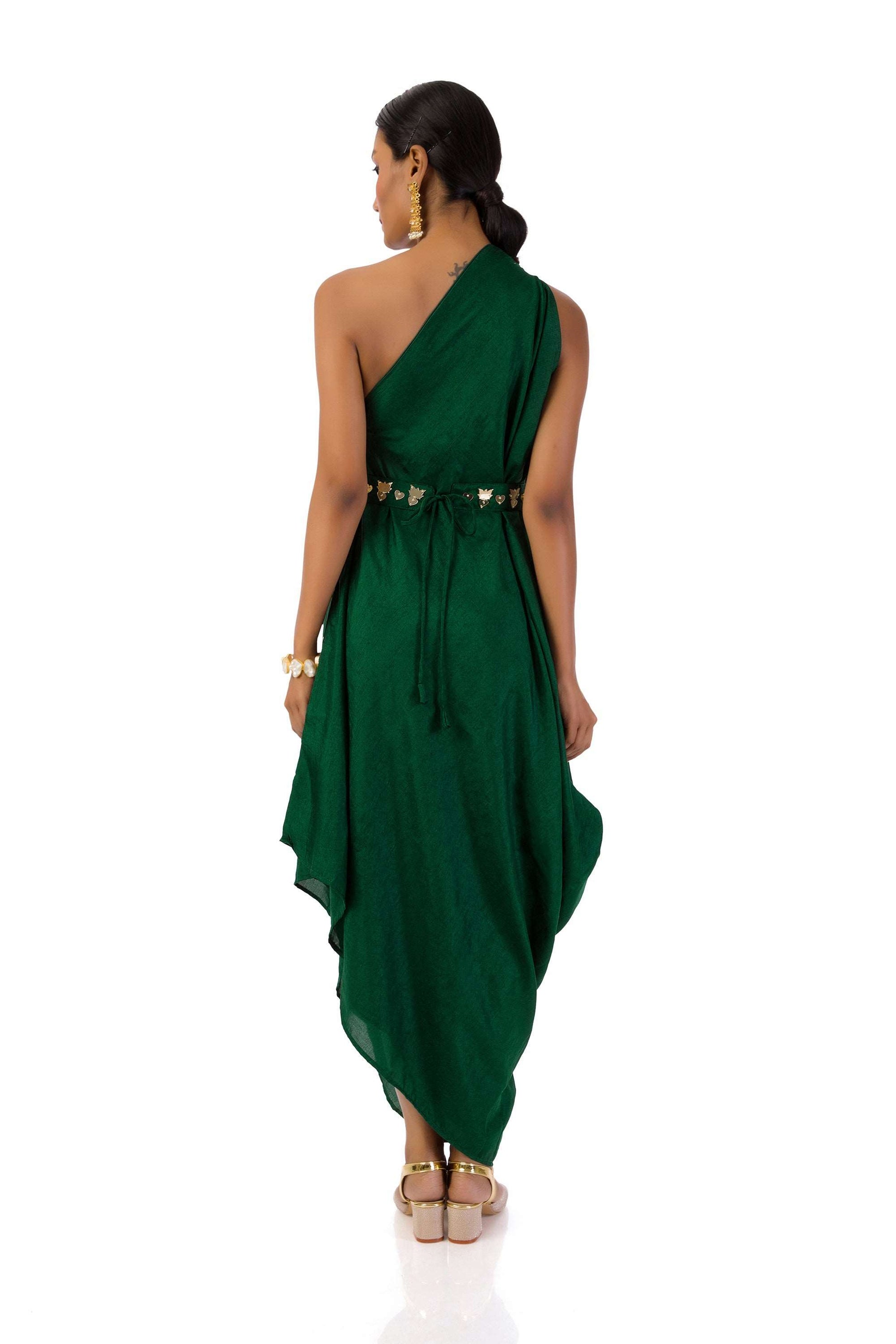 Bottle Green One-Shoulder Draped Gown with Hand Embroidery