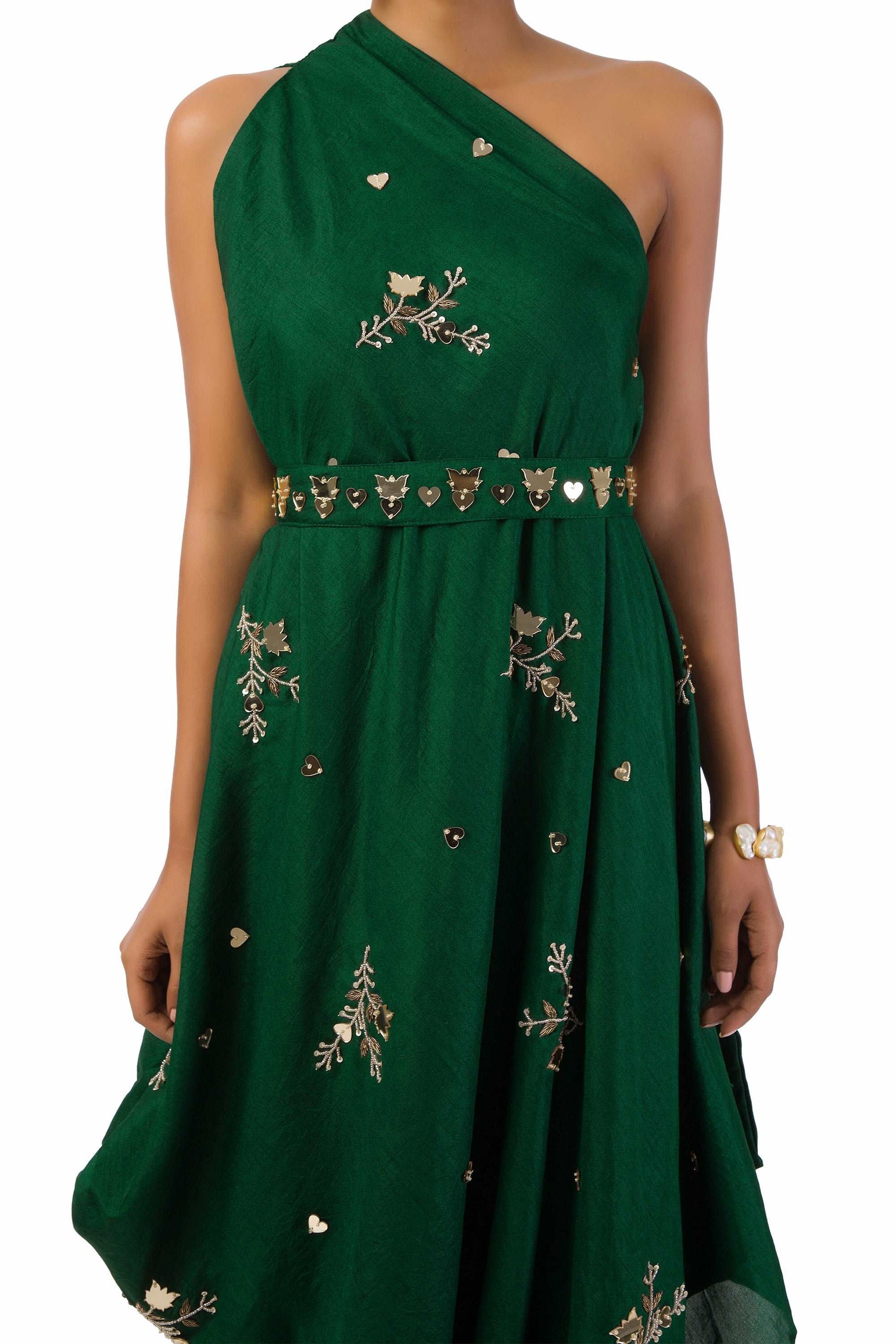 Bottle Green One-Shoulder Draped Gown with Hand Embroidery