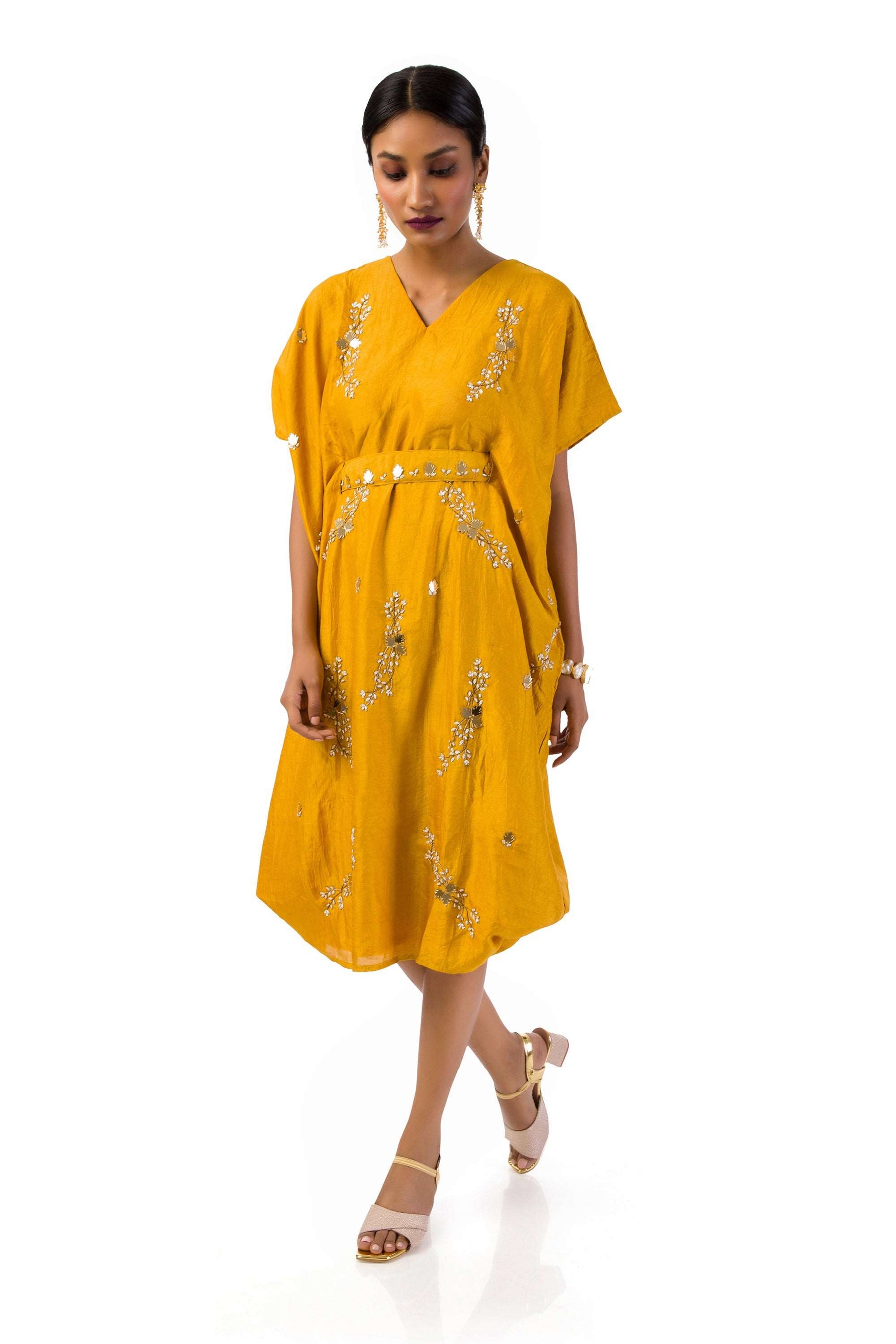 Mustard Craften Draped Side Cowl Neck Dress with Hand Embroidery