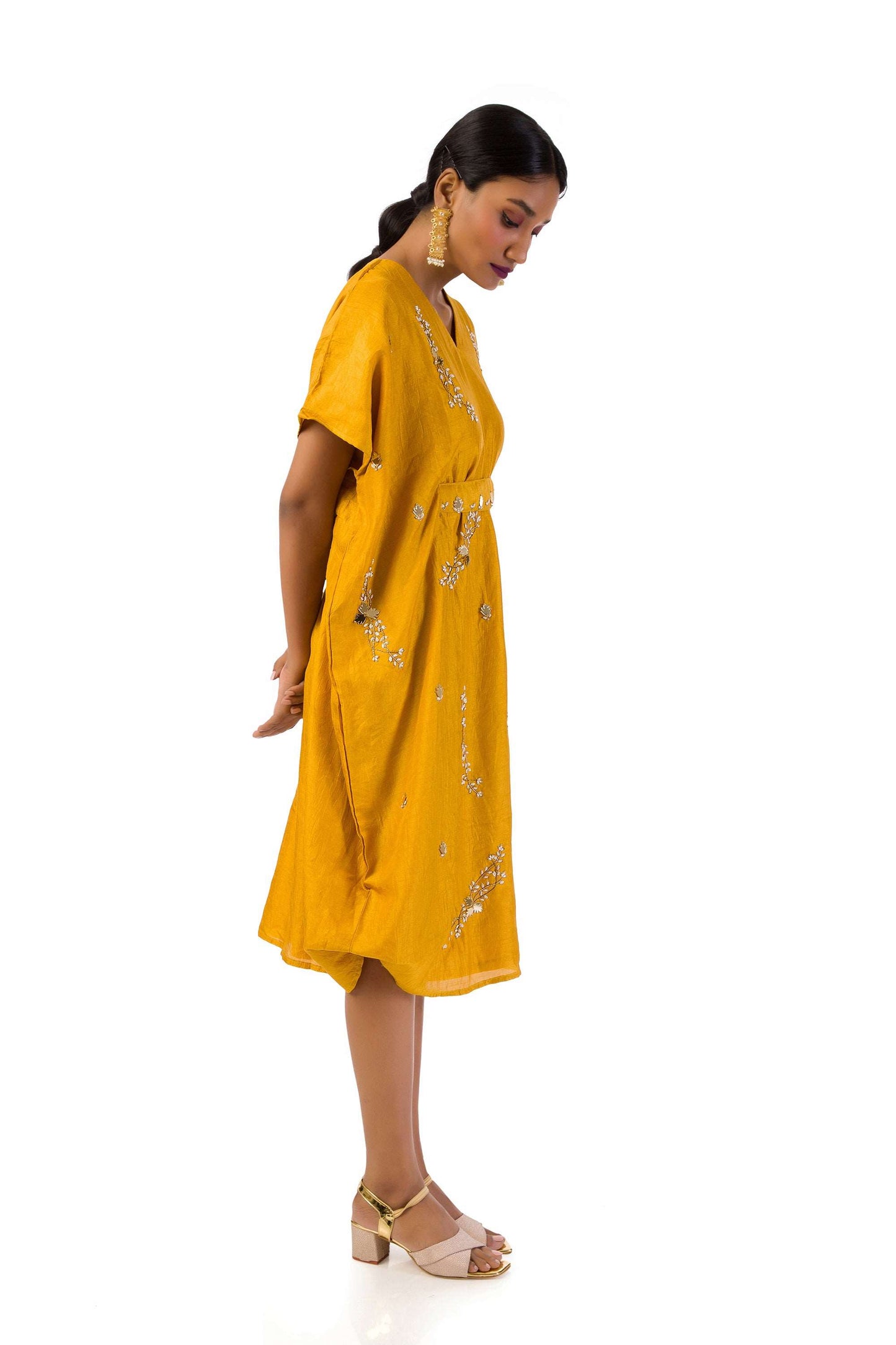 Mustard Craften Draped Side Cowl Neck Dress with Hand Embroidery