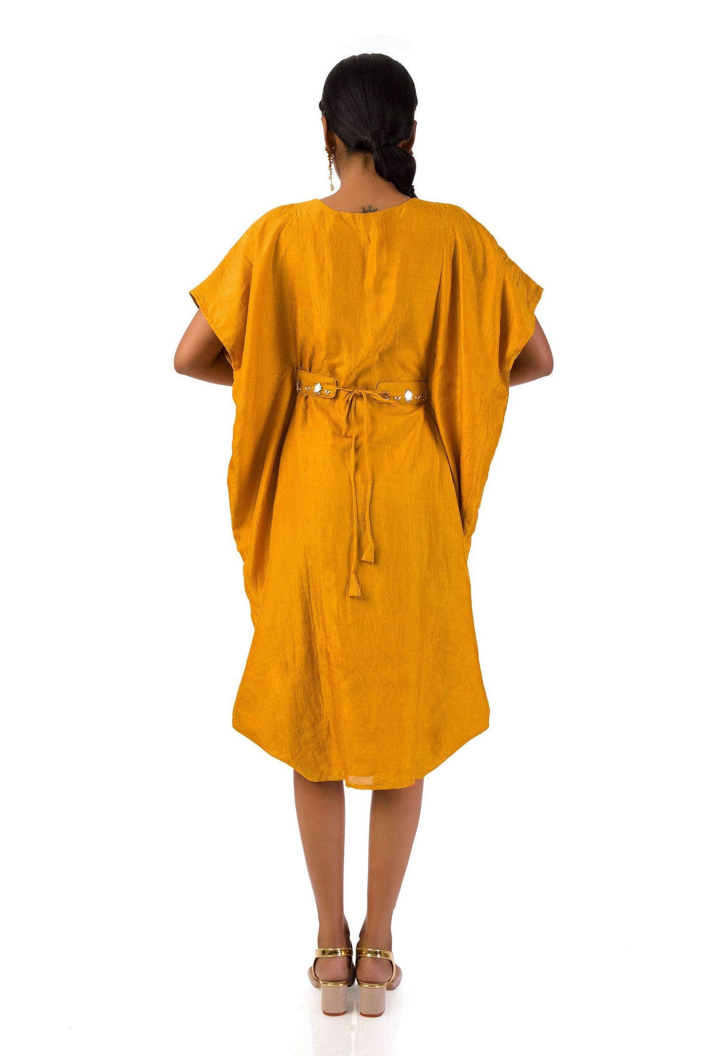 Mustard Craften Draped Side Cowl Neck Dress with Hand Embroidery