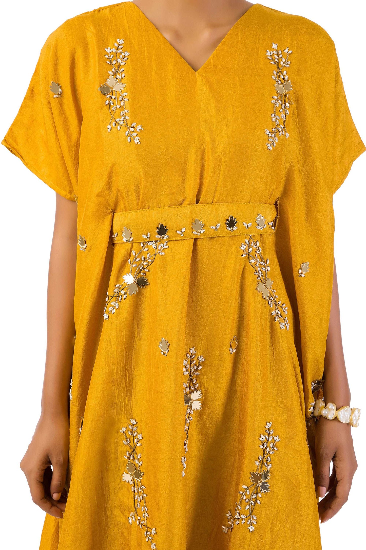 Mustard Craften Draped Side Cowl Neck Dress with Hand Embroidery