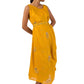 Woman wearing an elegant mustard Mahanadi dress with hand embroidery and a matching belt