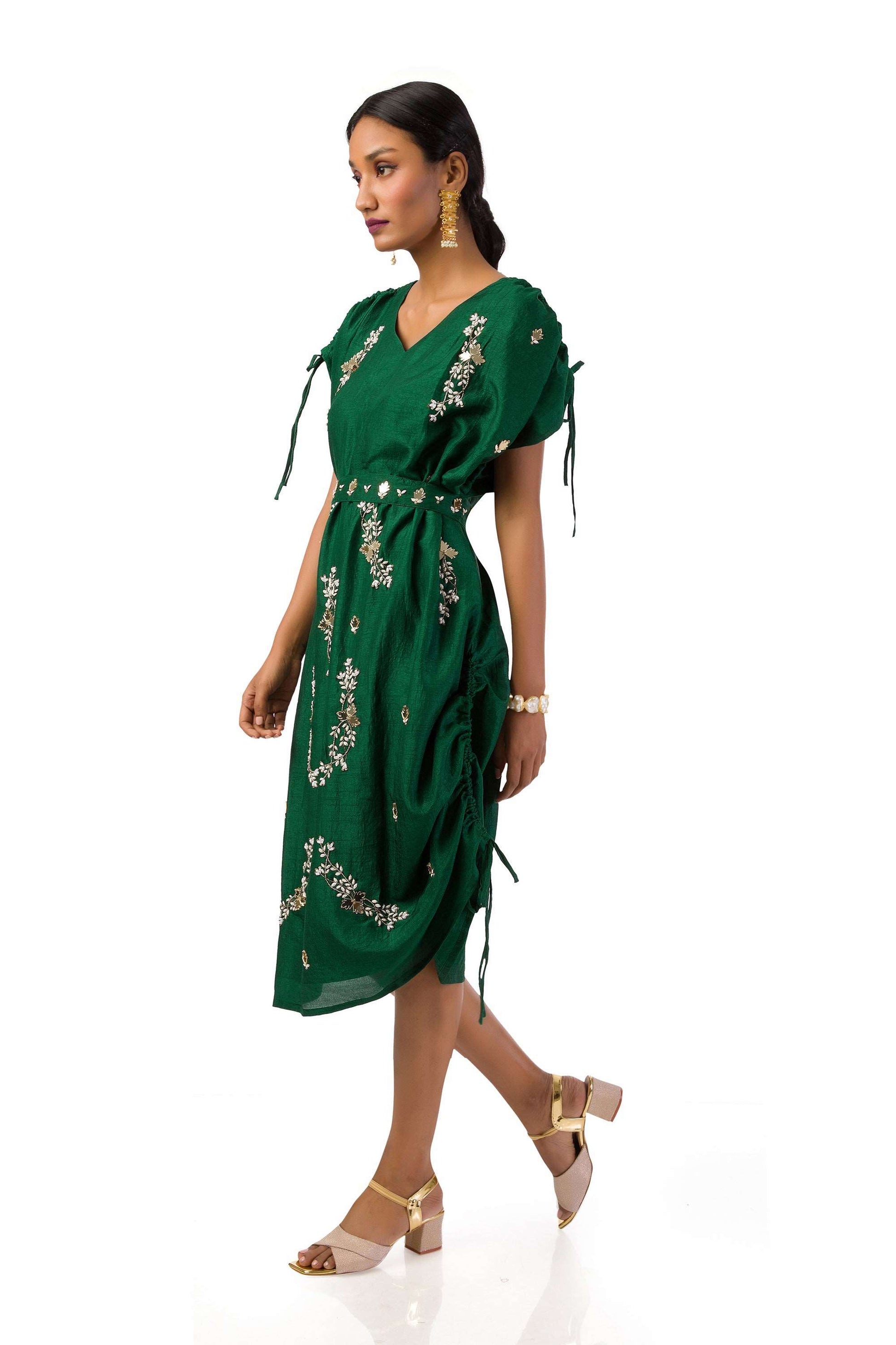 Bottle Green One-Shoulder Draped Gown with Hand Embroidery and Matching Belt