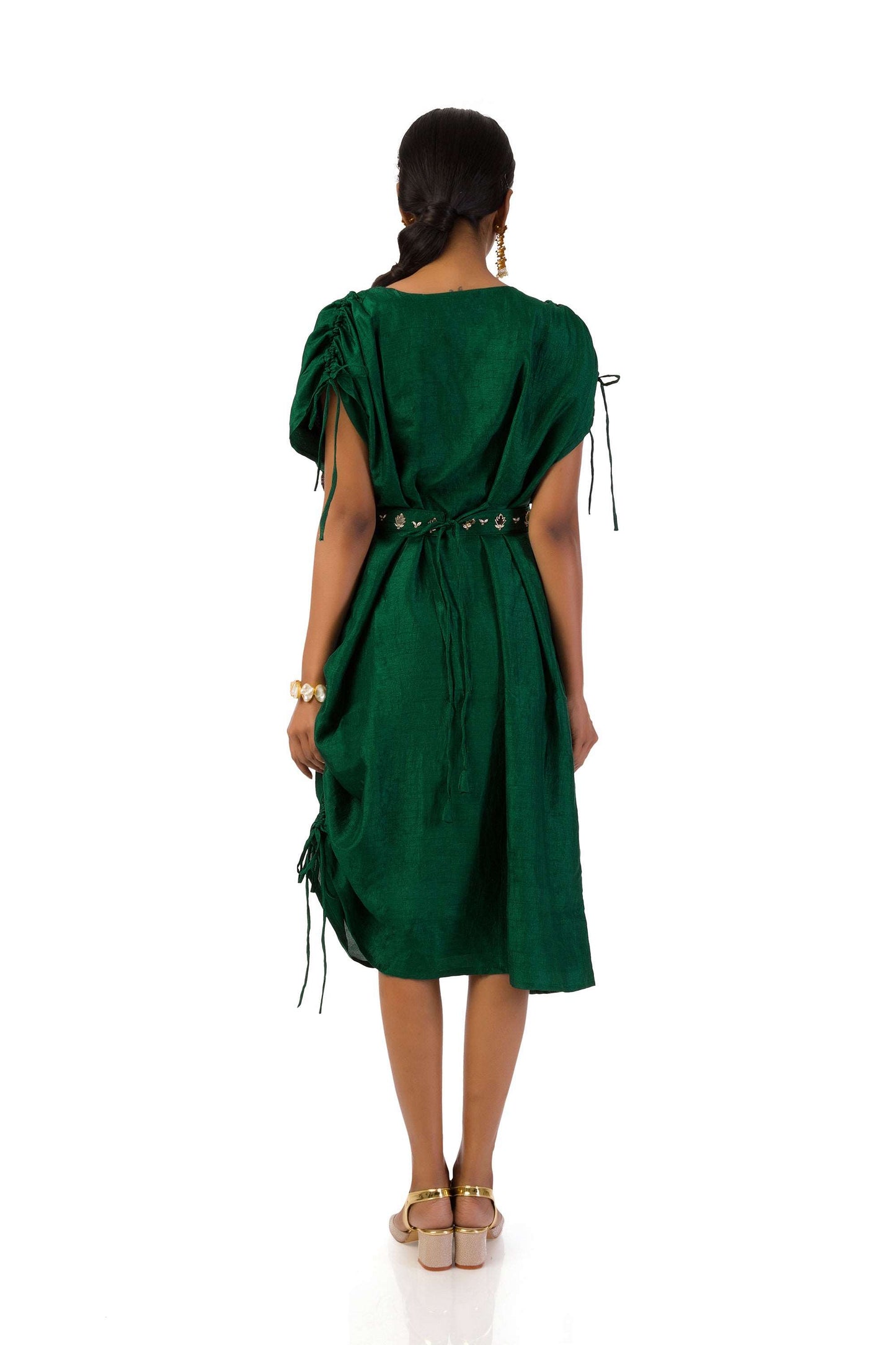 Bottle Green One-Shoulder Draped Gown with Hand Embroidery and Matching Belt