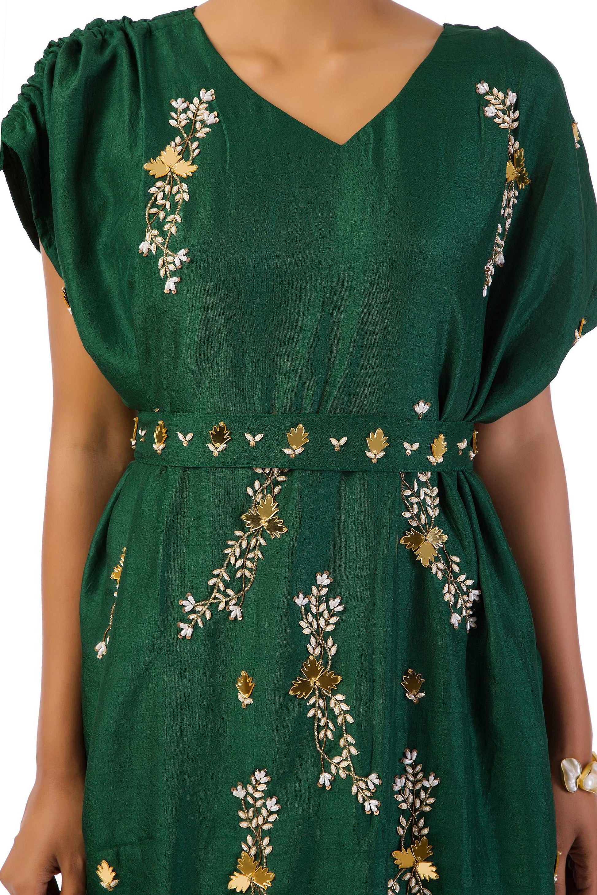 Bottle Green One-Shoulder Draped Gown with Hand Embroidery and Matching Belt