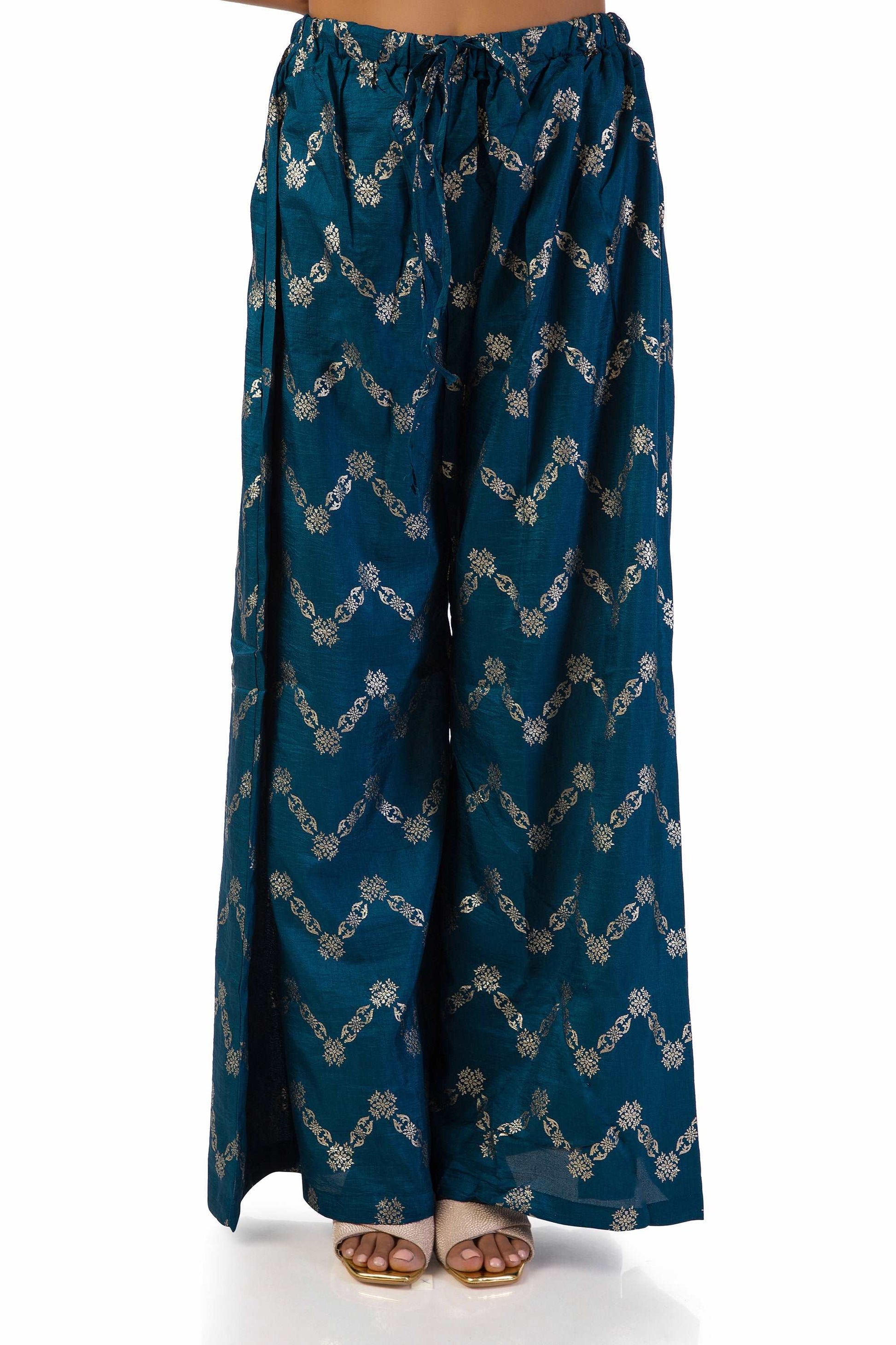 Dark Blue One-Shoulder Draped Top with Golden Printed Palazzo Pants