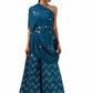 Dark Blue One-Shoulder Draped Top with Golden Printed Palazzo Pants