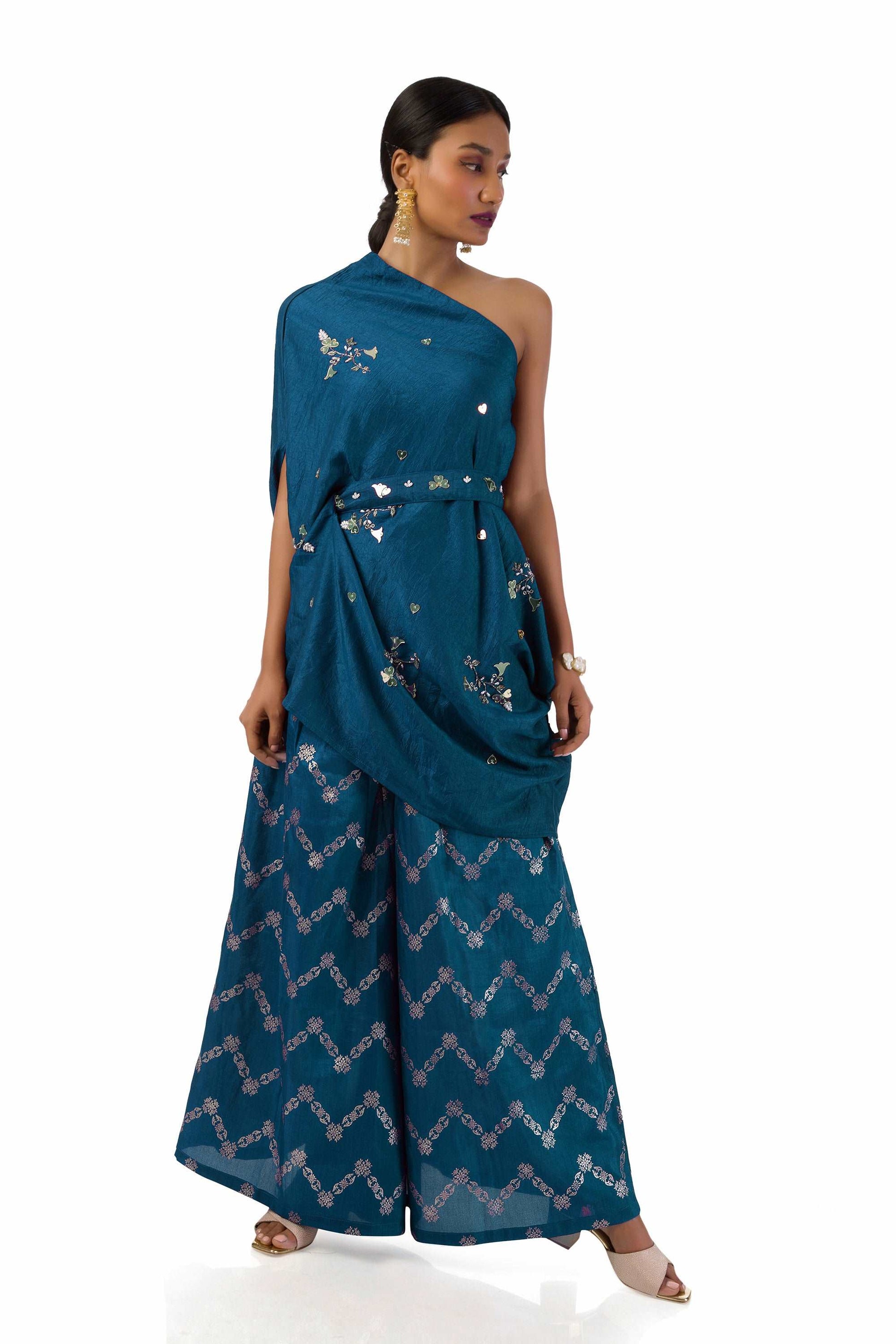 Dark Blue One-Shoulder Draped Top with Golden Printed Palazzo Pants