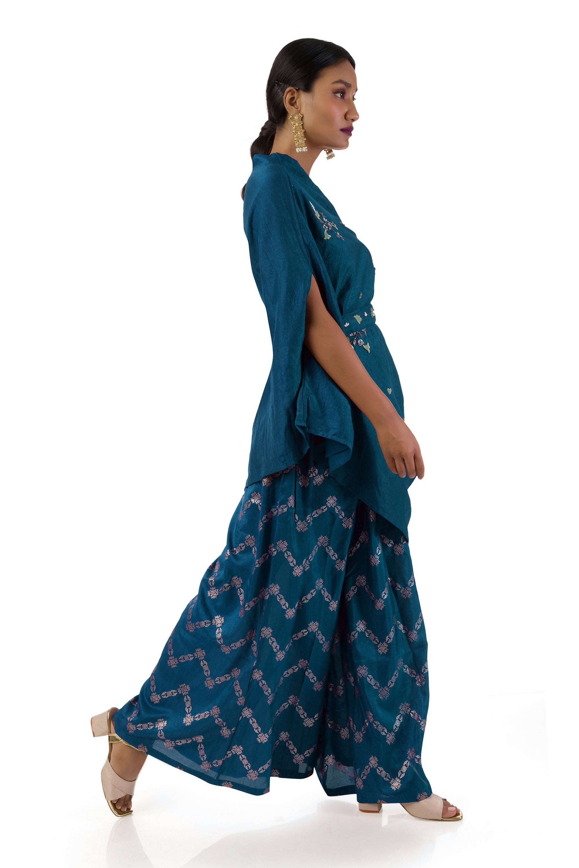 Dark Blue One-Shoulder Draped Top with Golden Printed Palazzo Pants