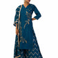 Dark blue semi-silk kurta set by Meghna Shah with hand embroidery, printed palazzo, and matching dupatta