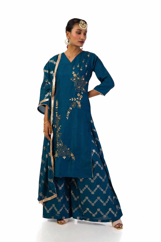 Dark blue semi-silk kurta set by Meghna Shah with hand embroidery, printed palazzo, and matching dupatta