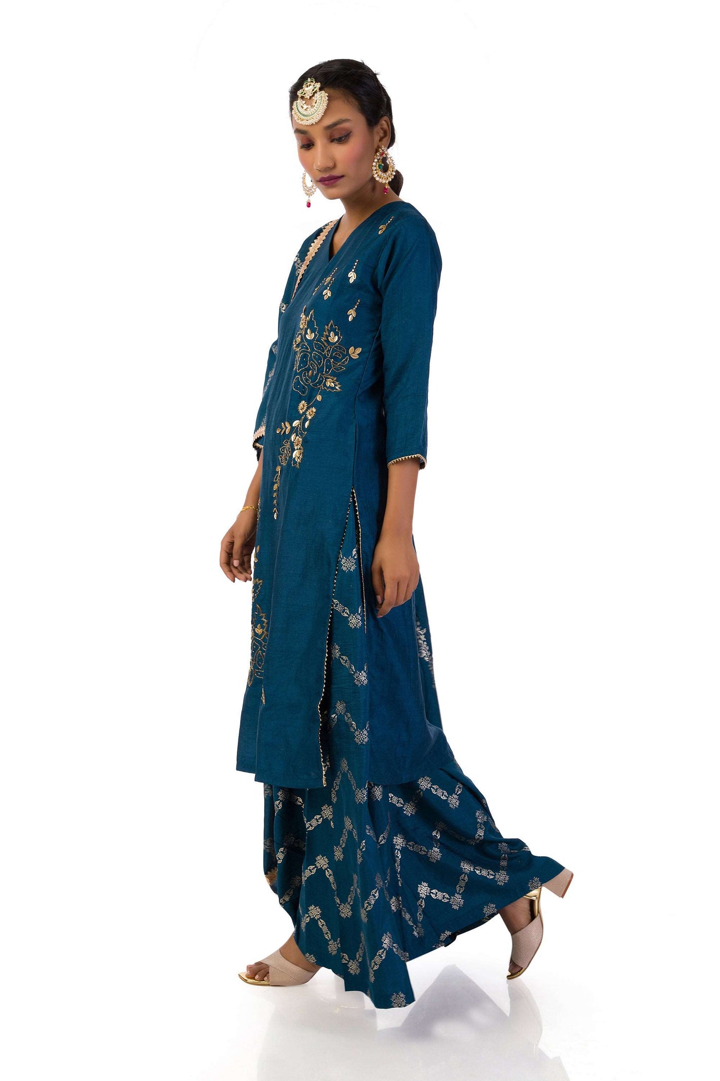 Dark Blue Semi-Silk Kurta Set with Hand Embroidery and Printed Palazzo by Meghna Shah