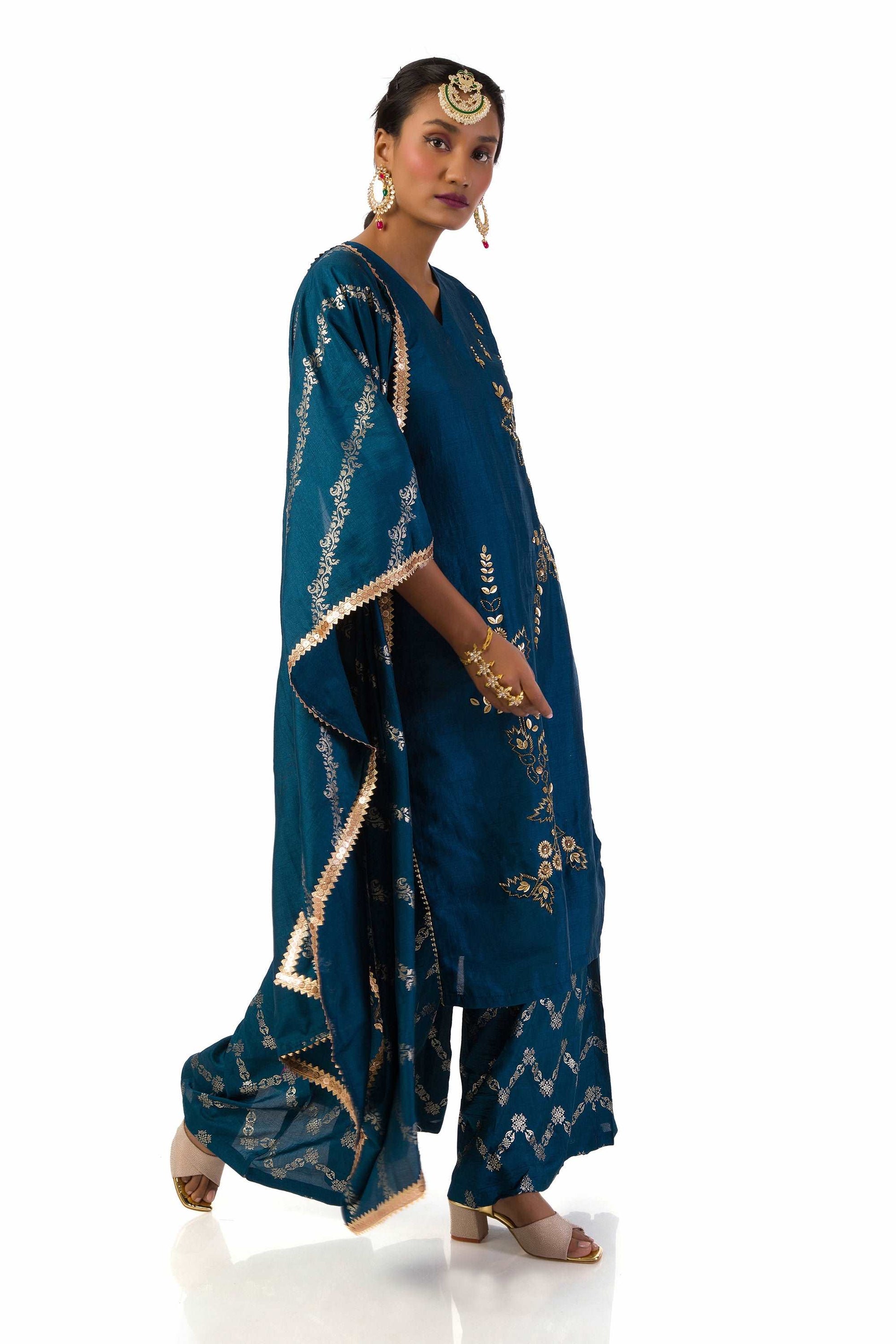 Dark Blue Semi-Silk Kurta Set with Hand Embroidery and Printed Palazzo by Meghna Shah