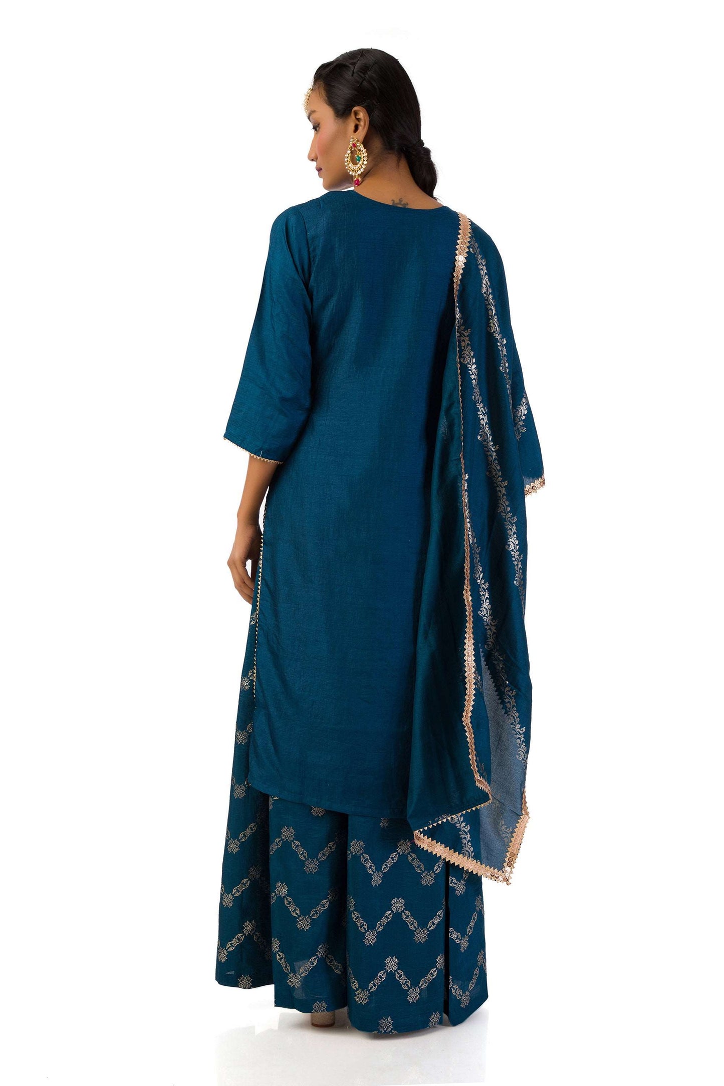 Dark Blue Semi-Silk Kurta Set with Hand Embroidery and Printed Palazzo by Meghna Shah