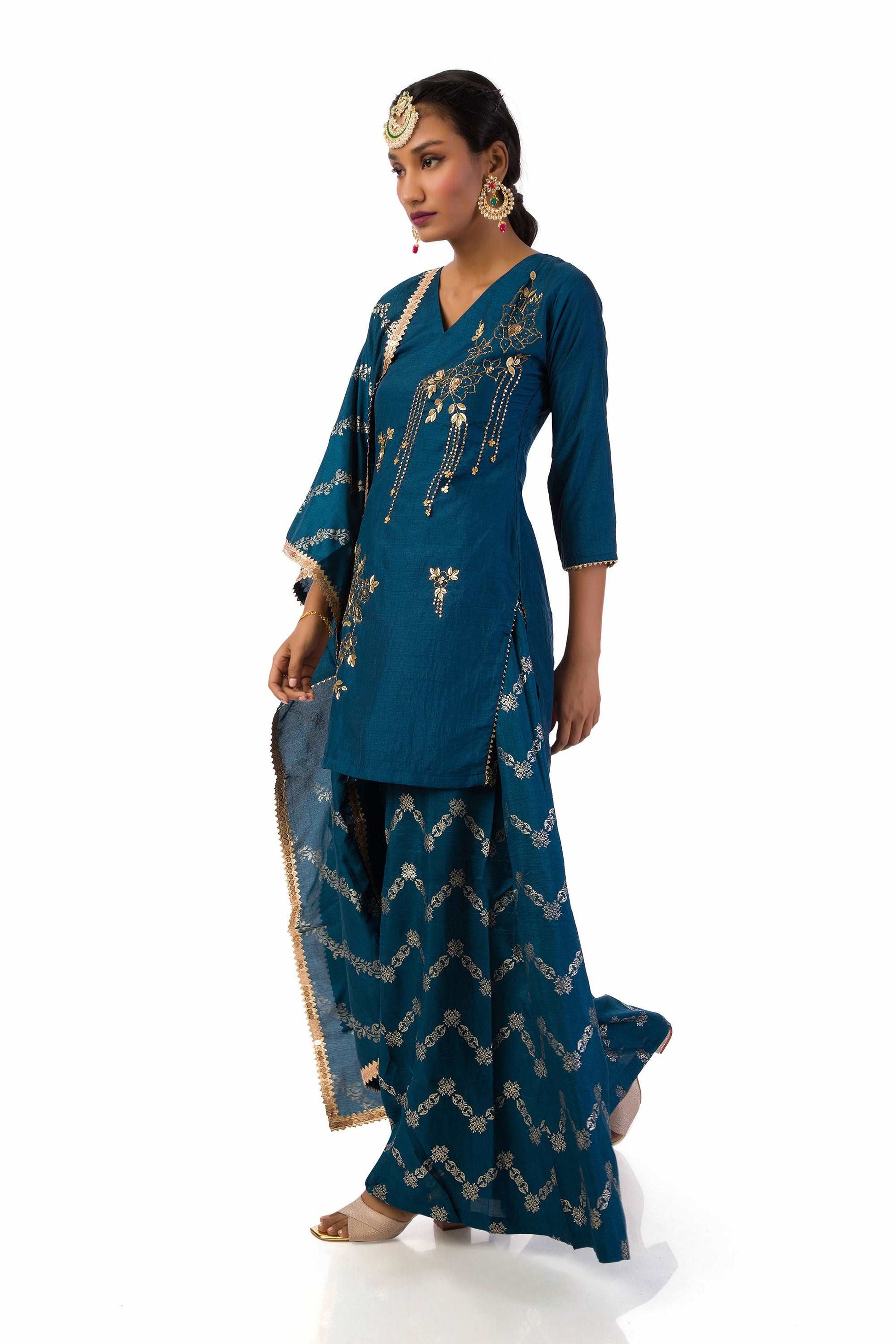 Dark blue semi-silk kurta set with hand embroidery, printed palazzo, and matching dupatta