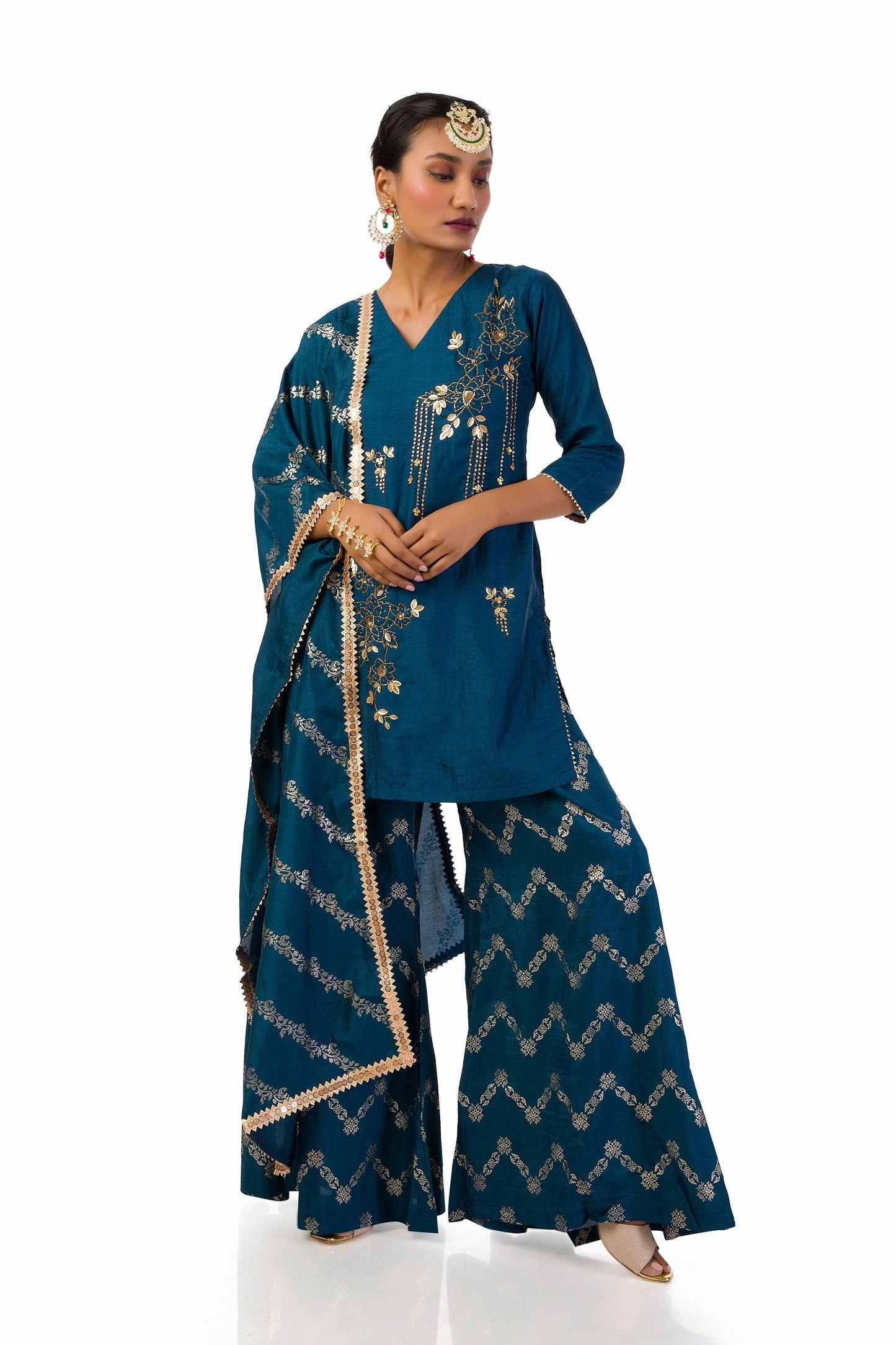 Dark Blue Semi-Silk Kurta Set with Hand Embroidery and Printed Palazzo