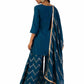 Dark Blue Semi-Silk Kurta Set with Hand Embroidery and Printed Palazzo