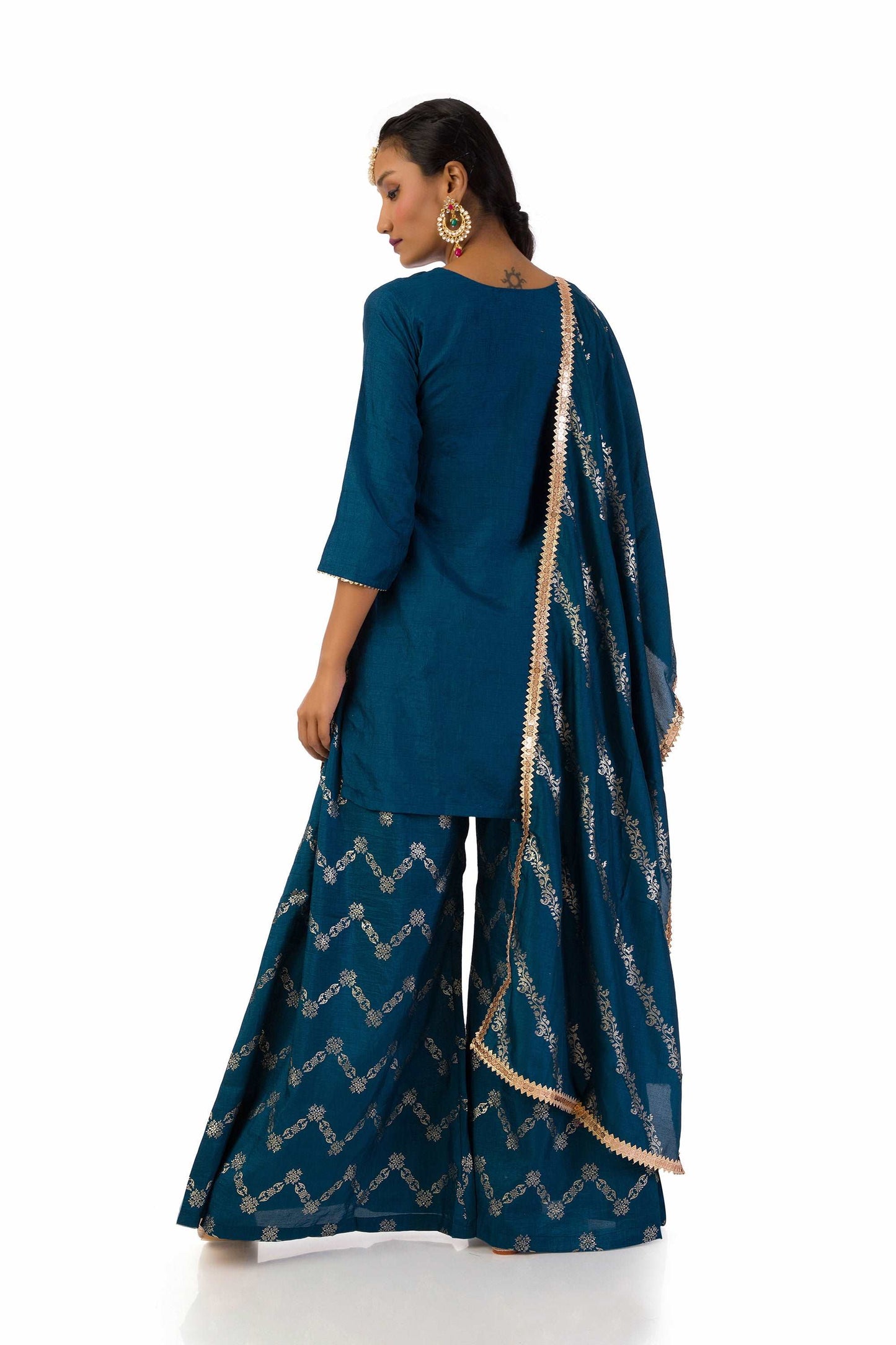 Dark Blue Semi-Silk Kurta Set with Hand Embroidery and Printed Palazzo