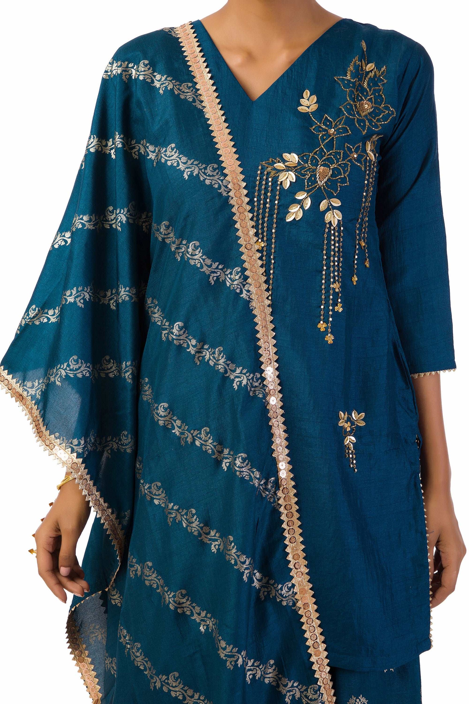 Dark Blue Semi-Silk Kurta Set with Hand Embroidery and Printed Palazzo