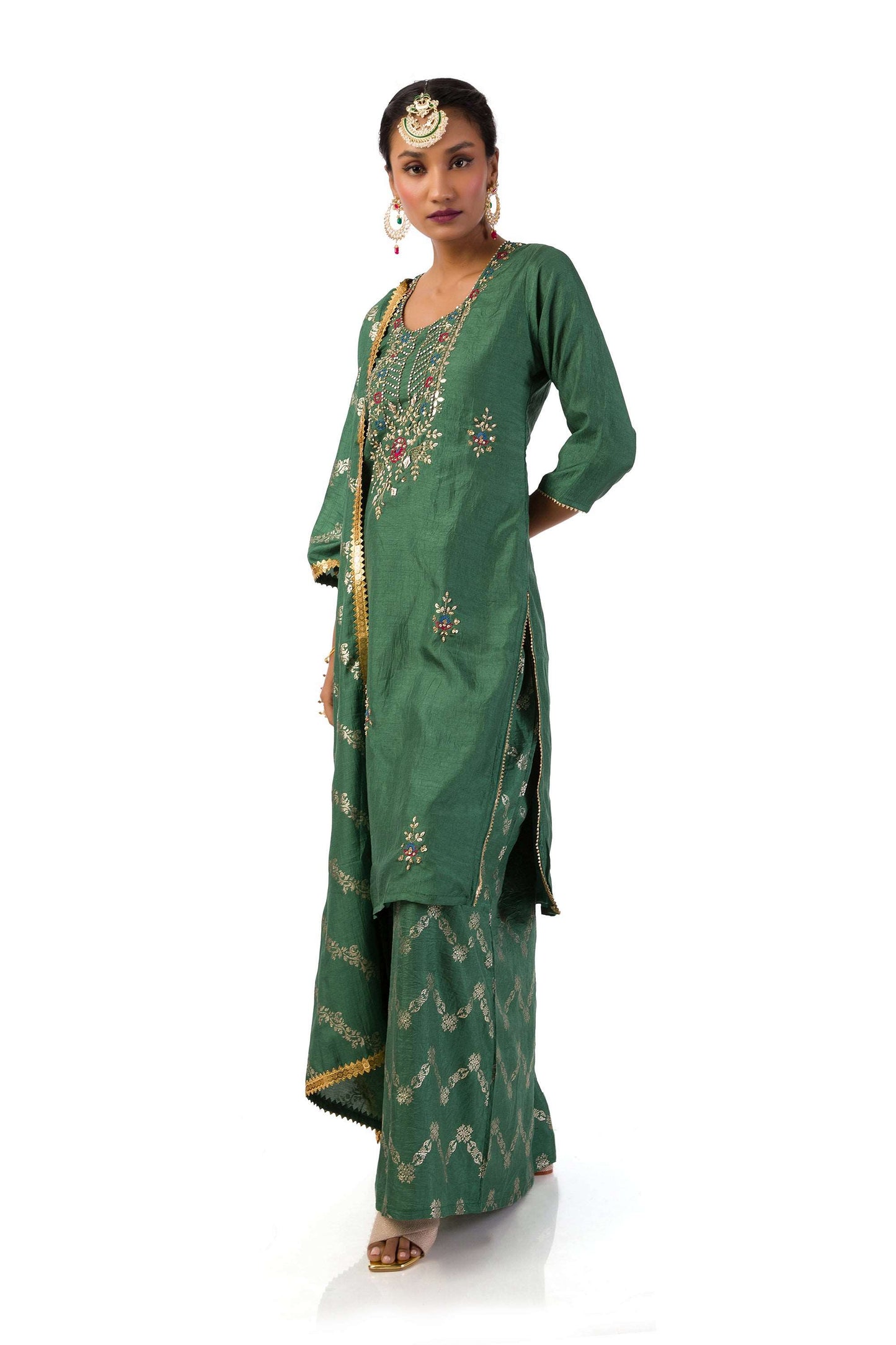 Dust Green Semi-Silk Kurta Set with Hand Embroidery and Print