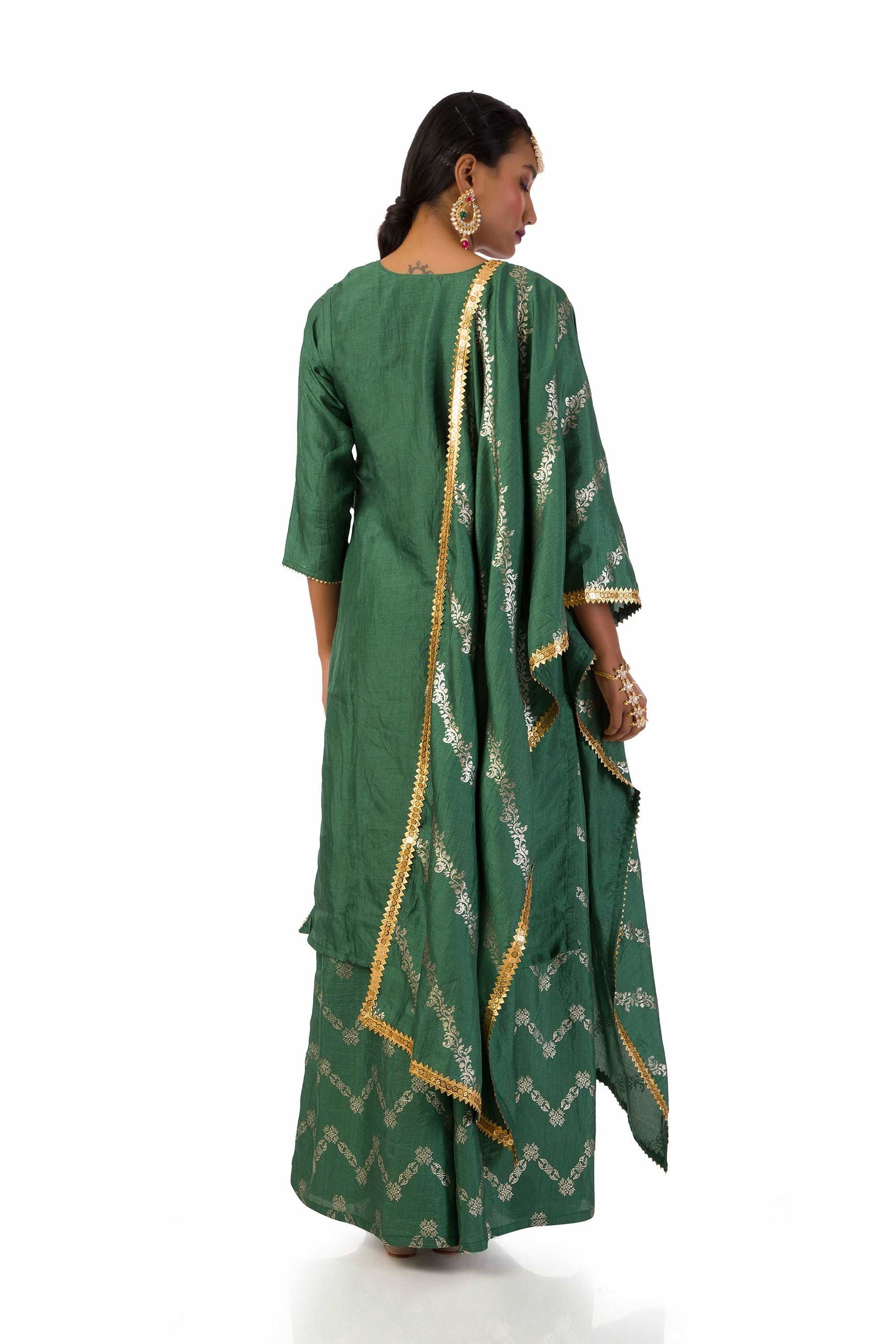 Dust Green Semi-Silk Kurta Set with Hand Embroidery and Print