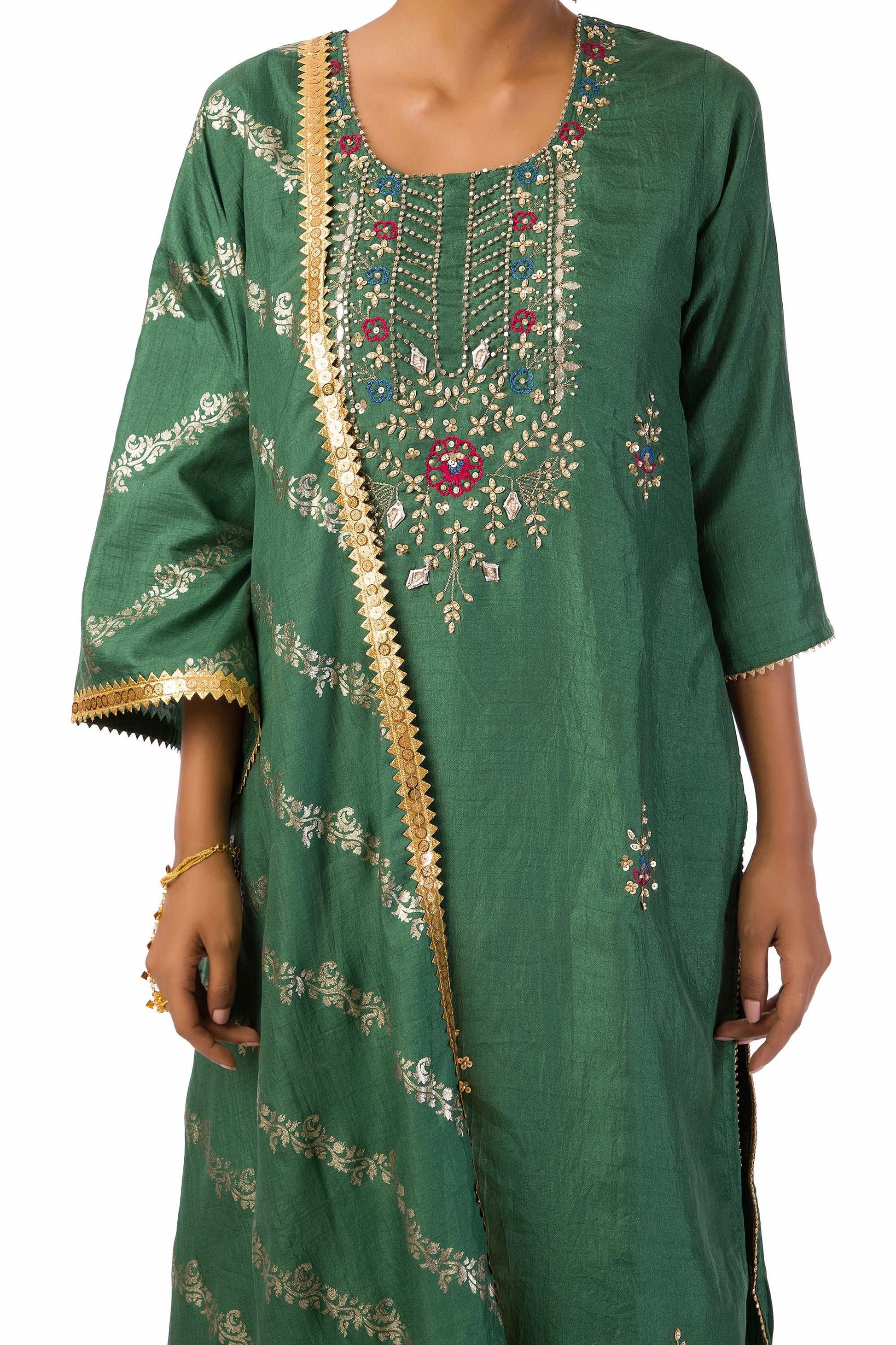 Dust Green Semi-Silk Kurta Set with Hand Embroidery and Print