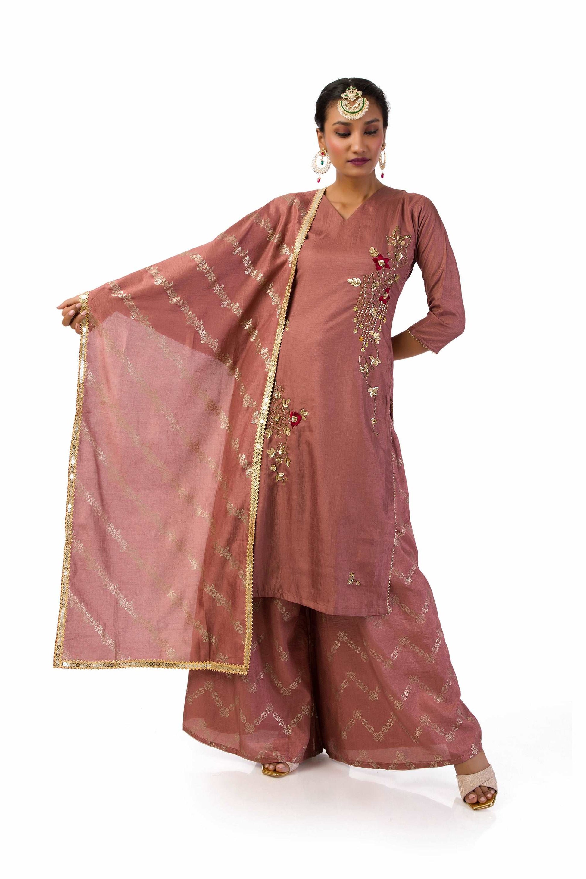 Mauve Semi-Silk Kurta with Hand Embroidery, Matching Palazzo Pants, and Dupatta