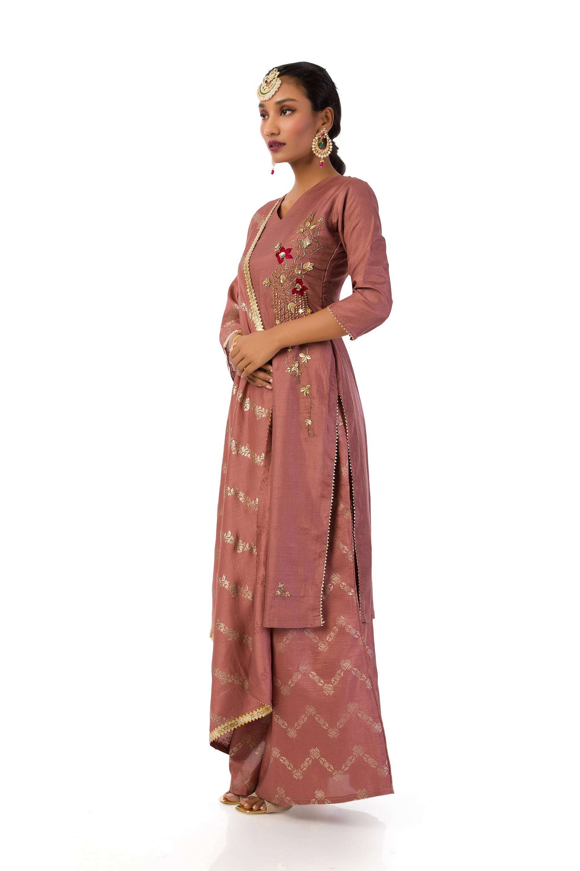 Mauve Semi-Silk Kurta with Hand Embroidery, Matching Palazzo Pants, and Dupatta