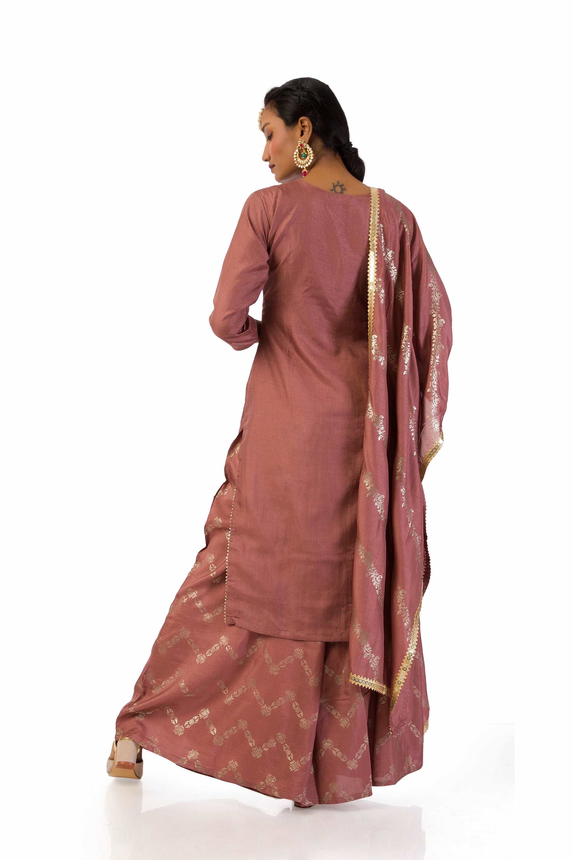 Mauve Semi-Silk Kurta with Hand Embroidery, Matching Palazzo Pants, and Dupatta