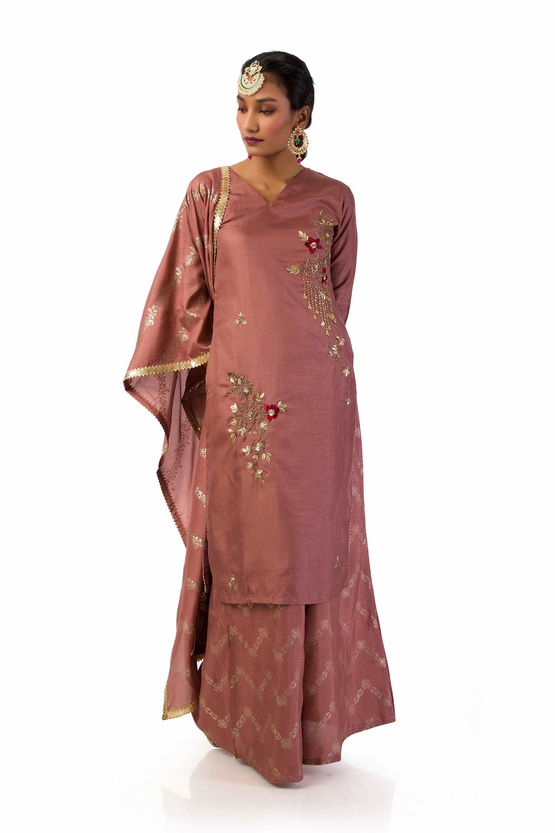 Mauve Semi-Silk Kurta with Hand Embroidery, Matching Palazzo Pants, and Dupatta