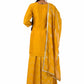 Woman wearing mustard yellow embroidered suit set with dupatta