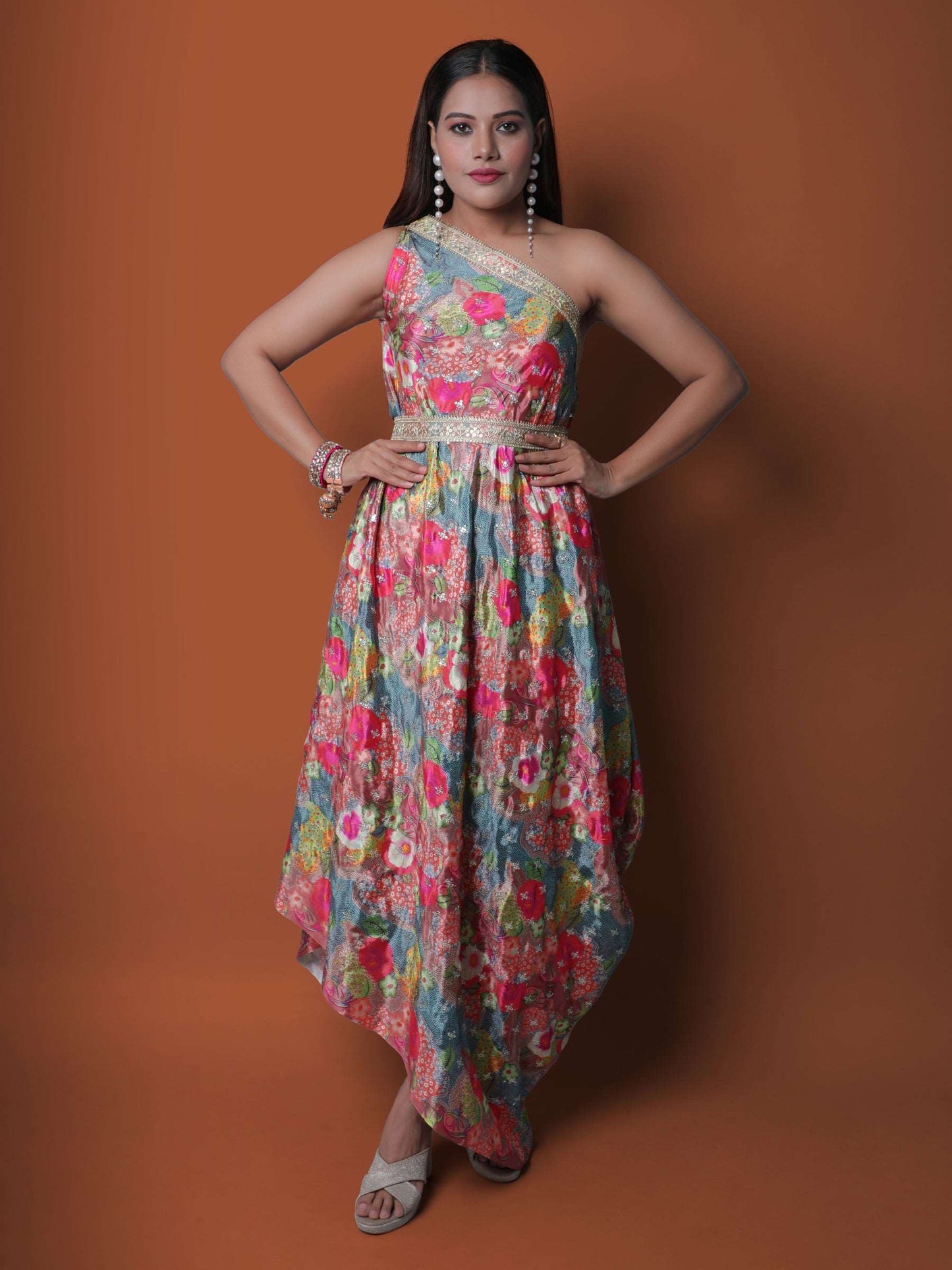 Pink and Grey One Shoulder Multicolor Chinon Embroidered gown