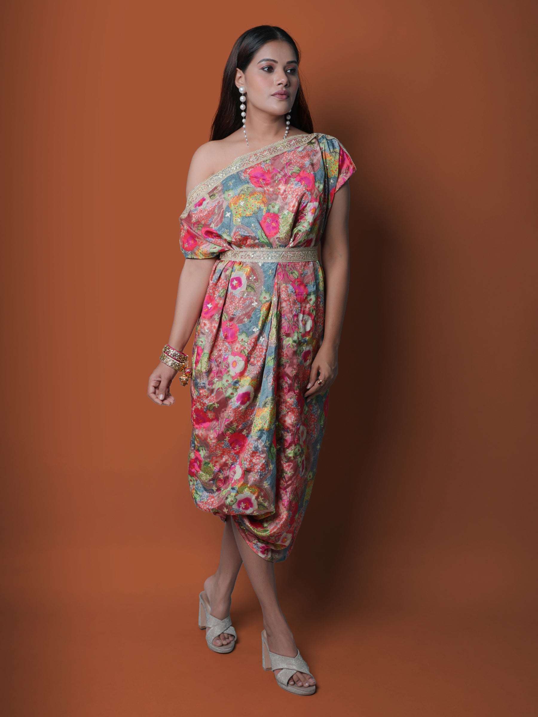 Pink and grey off Shoulder Multicolor Chinon Embroidered dress