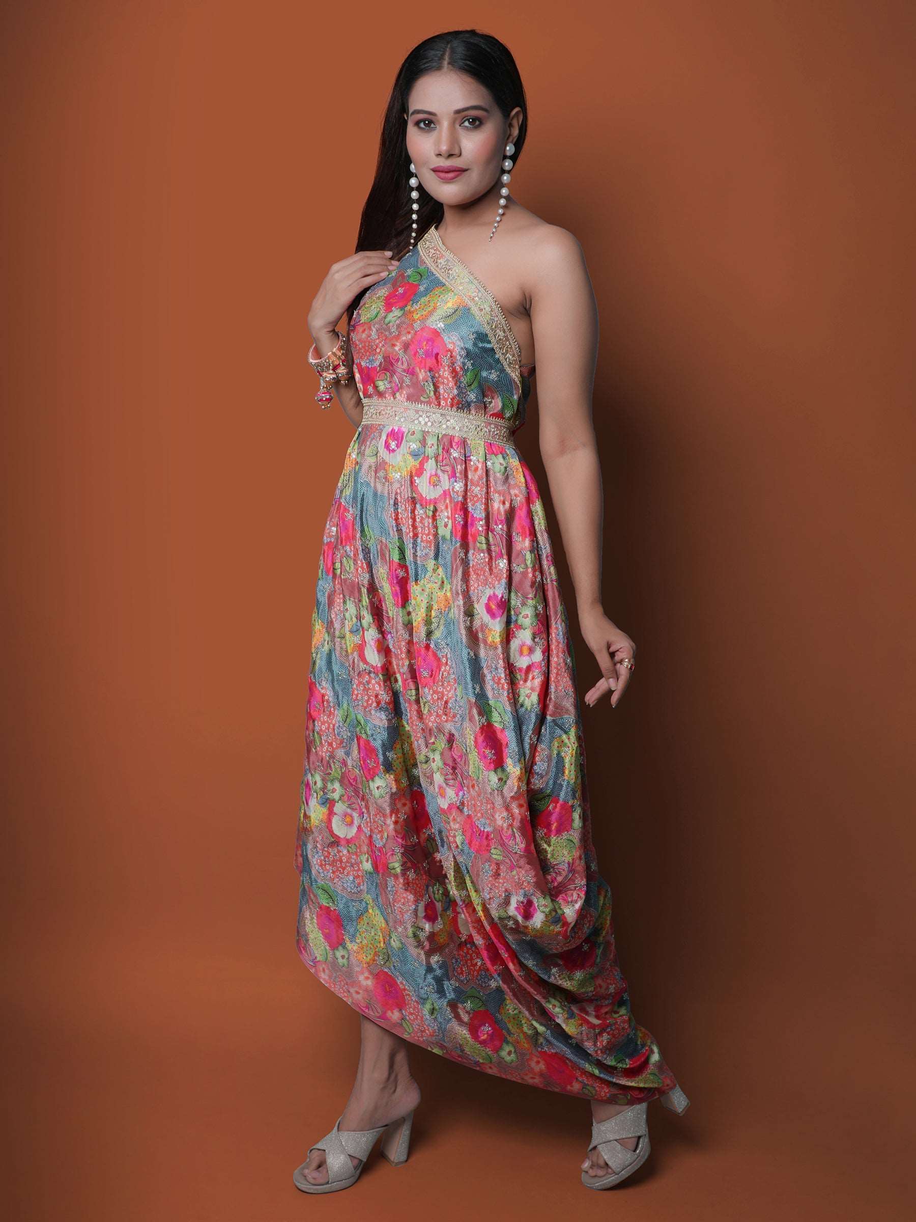 Pink and Grey One Shoulder Multicolor Chinon Embroidered gown