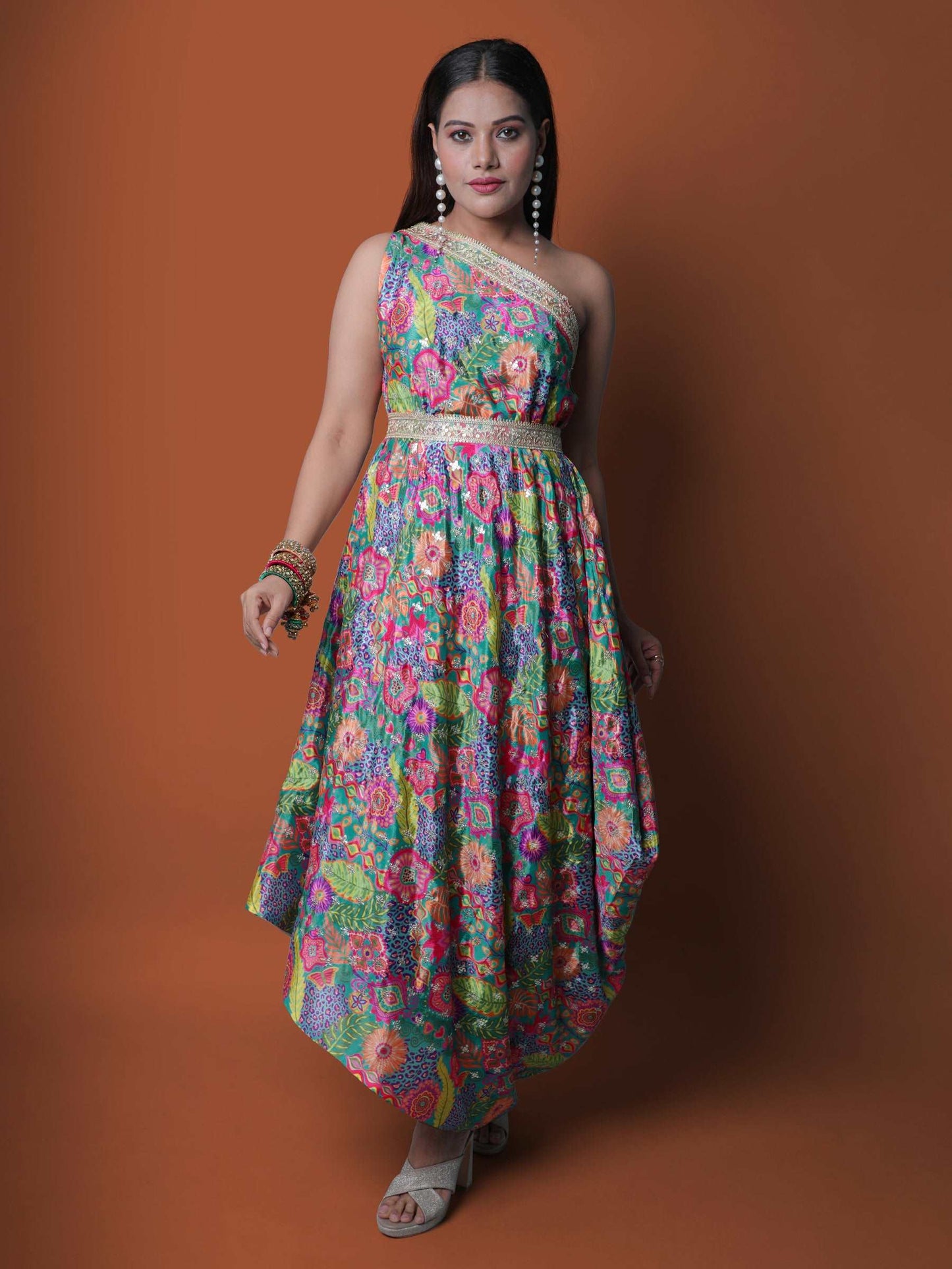 One Shoulder Multicolor Chinon Embroidered gown