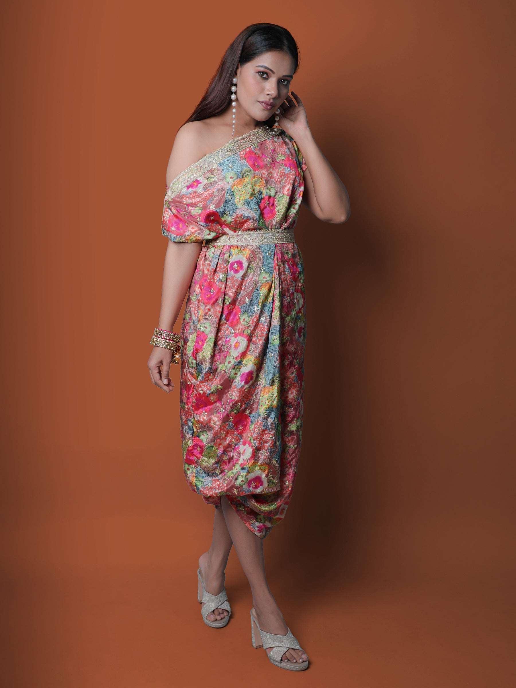 Pink and grey off Shoulder Multicolor Chinon Embroidered dress