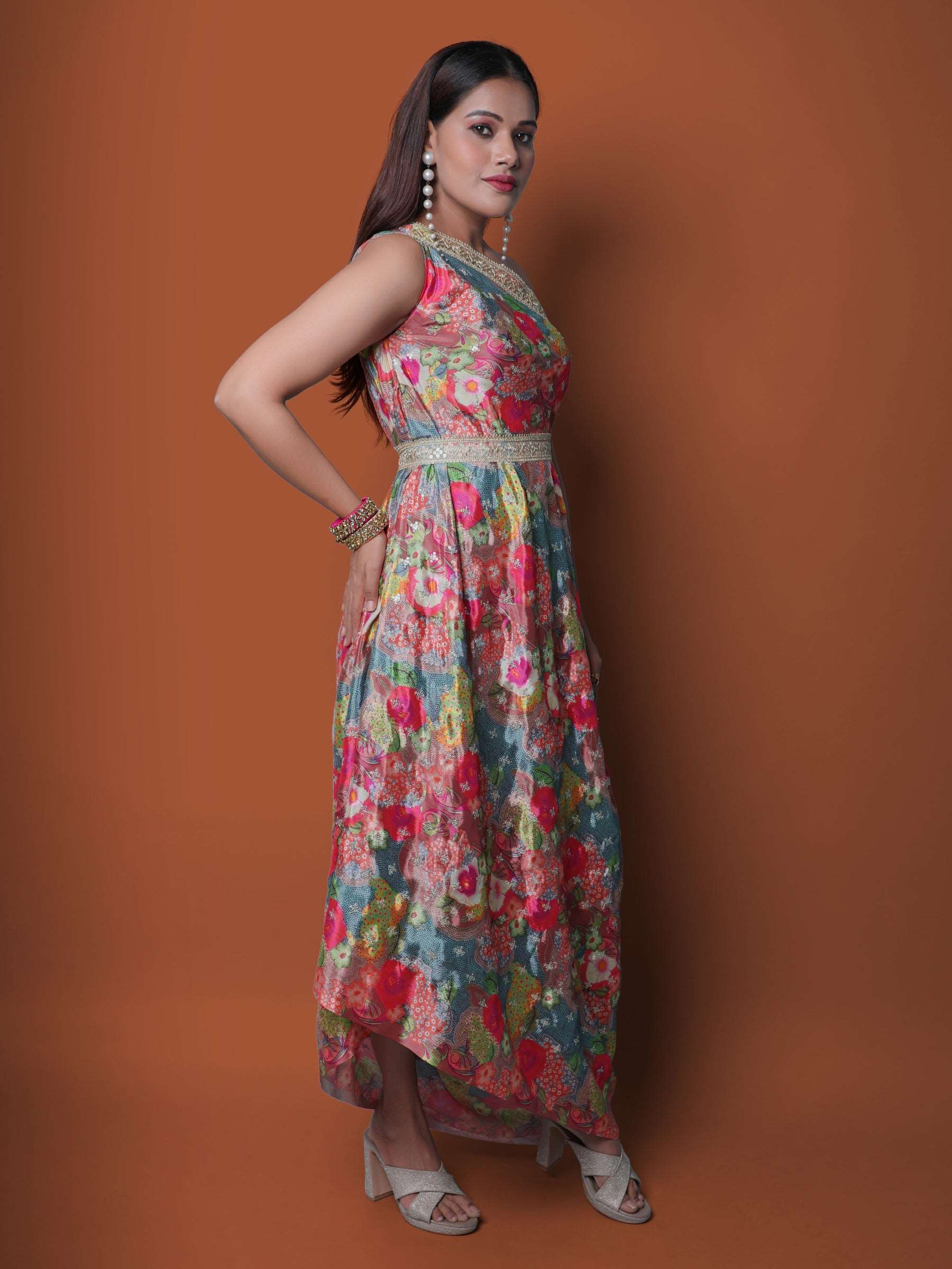 Pink and Grey One Shoulder Multicolor Chinon Embroidered gown