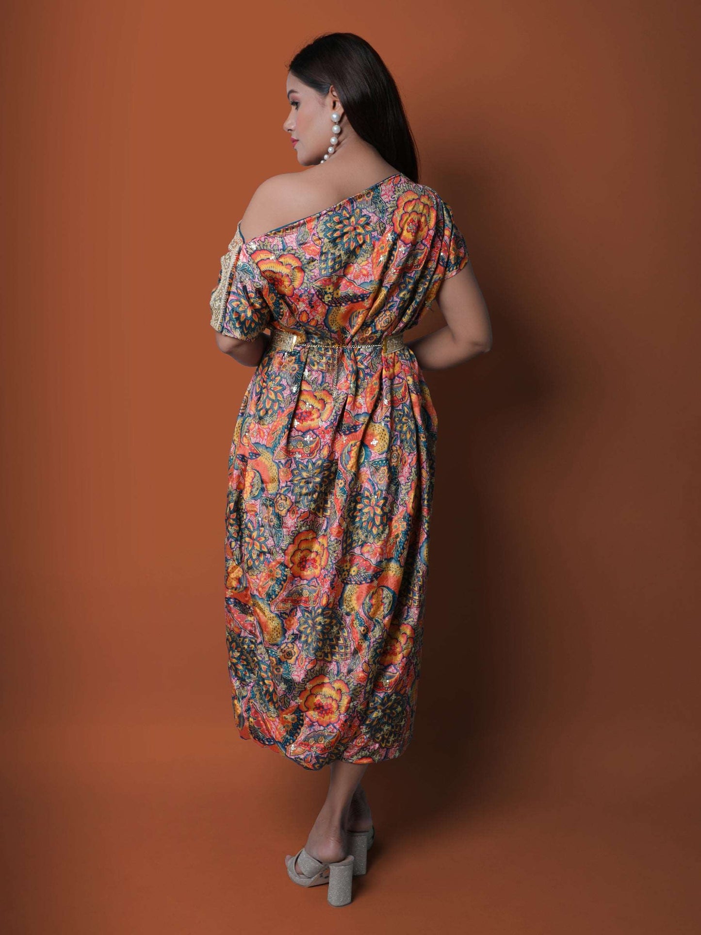 Blue off Shoulder Multicolor Chinon Embroidered dress