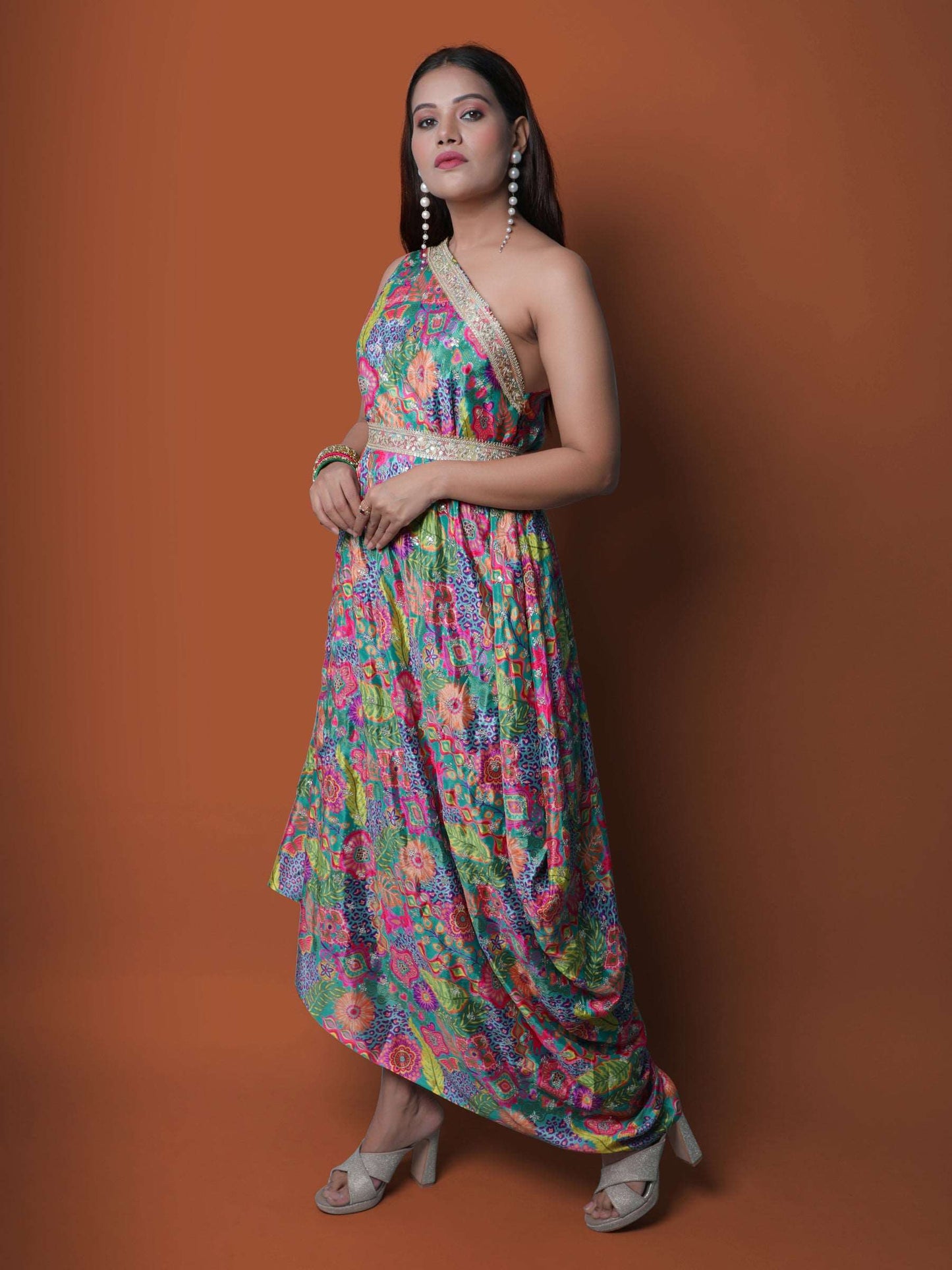 One Shoulder Multicolor Chinon Embroidered gown