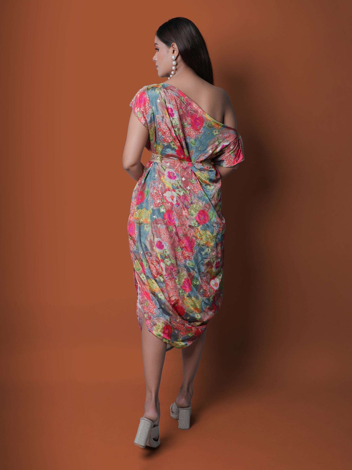 Pink and grey off Shoulder Multicolor Chinon Embroidered dress