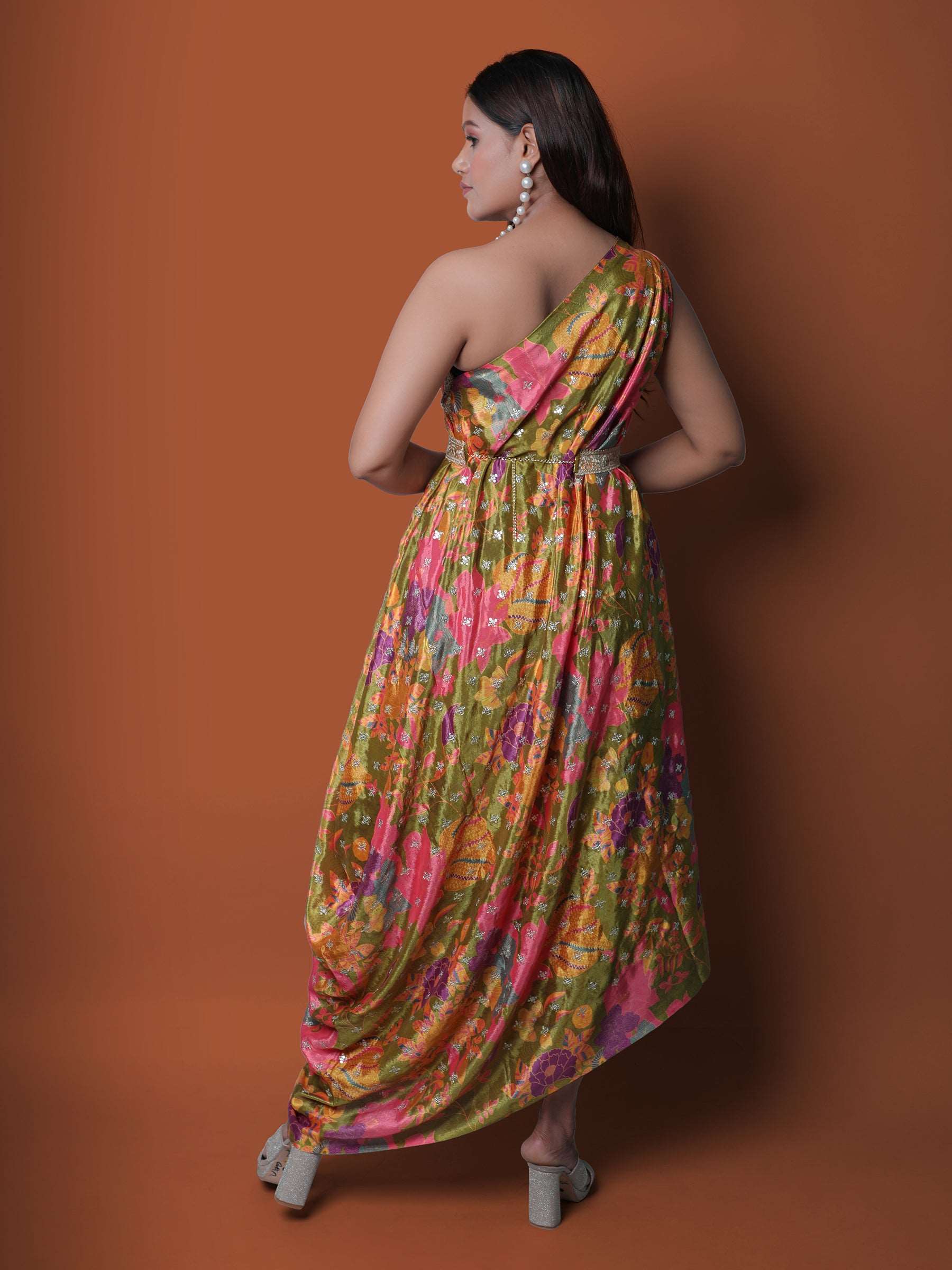 Green One Shoulder Multicolor Chinon Embroidered gown