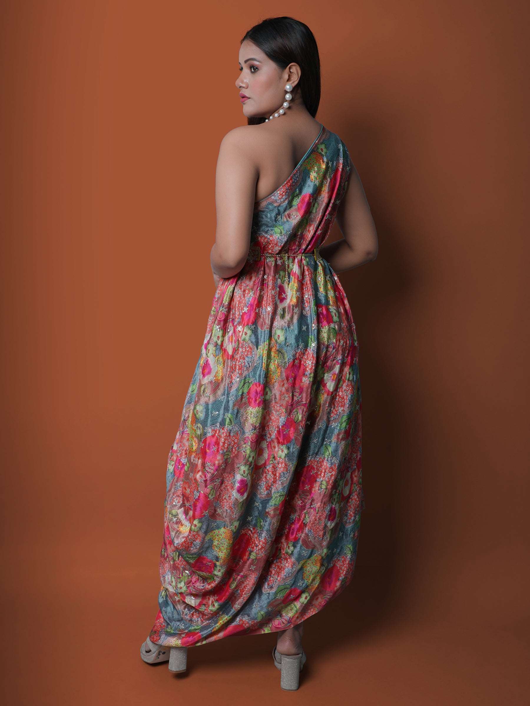 Pink and Grey One Shoulder Multicolor Chinon Embroidered gown