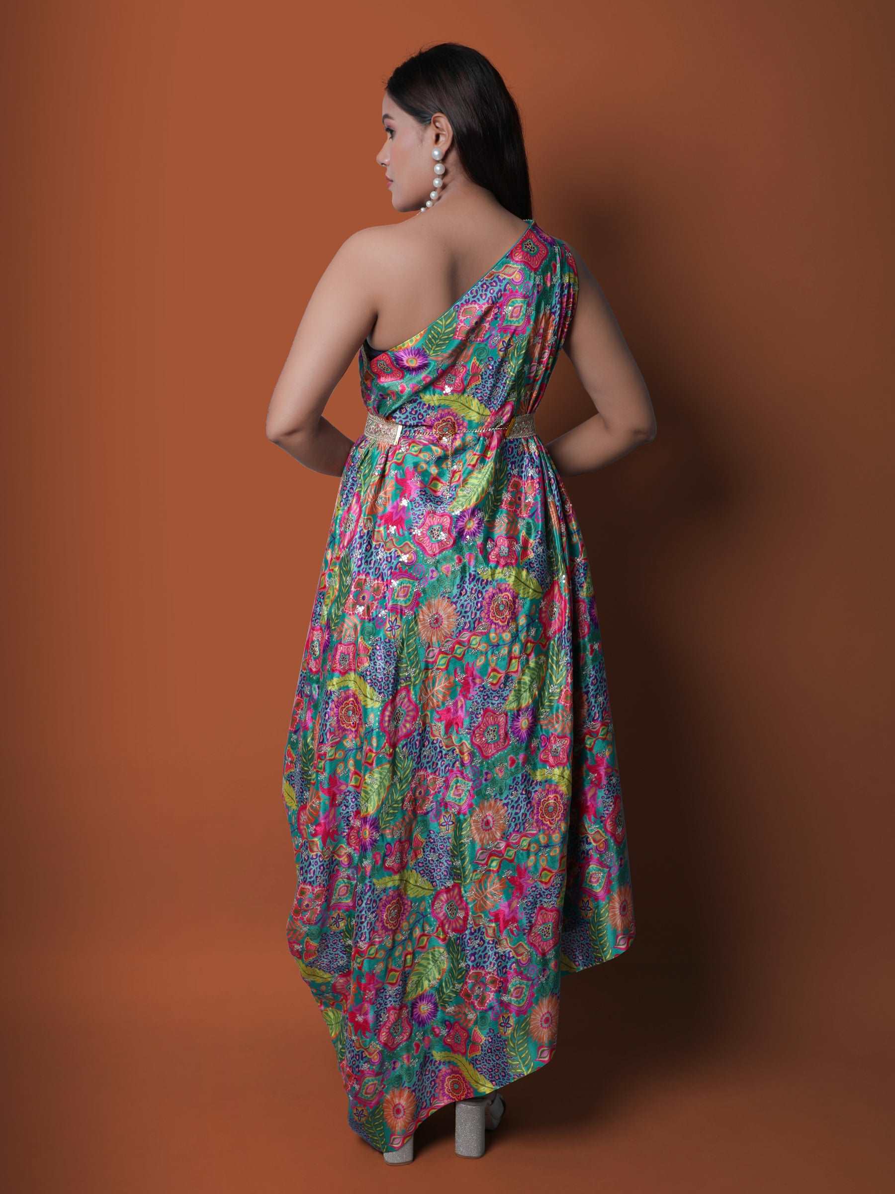 One Shoulder Multicolor Chinon Embroidered gown