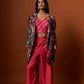 slub linen satin pink printed jacket set with hand embroidery.