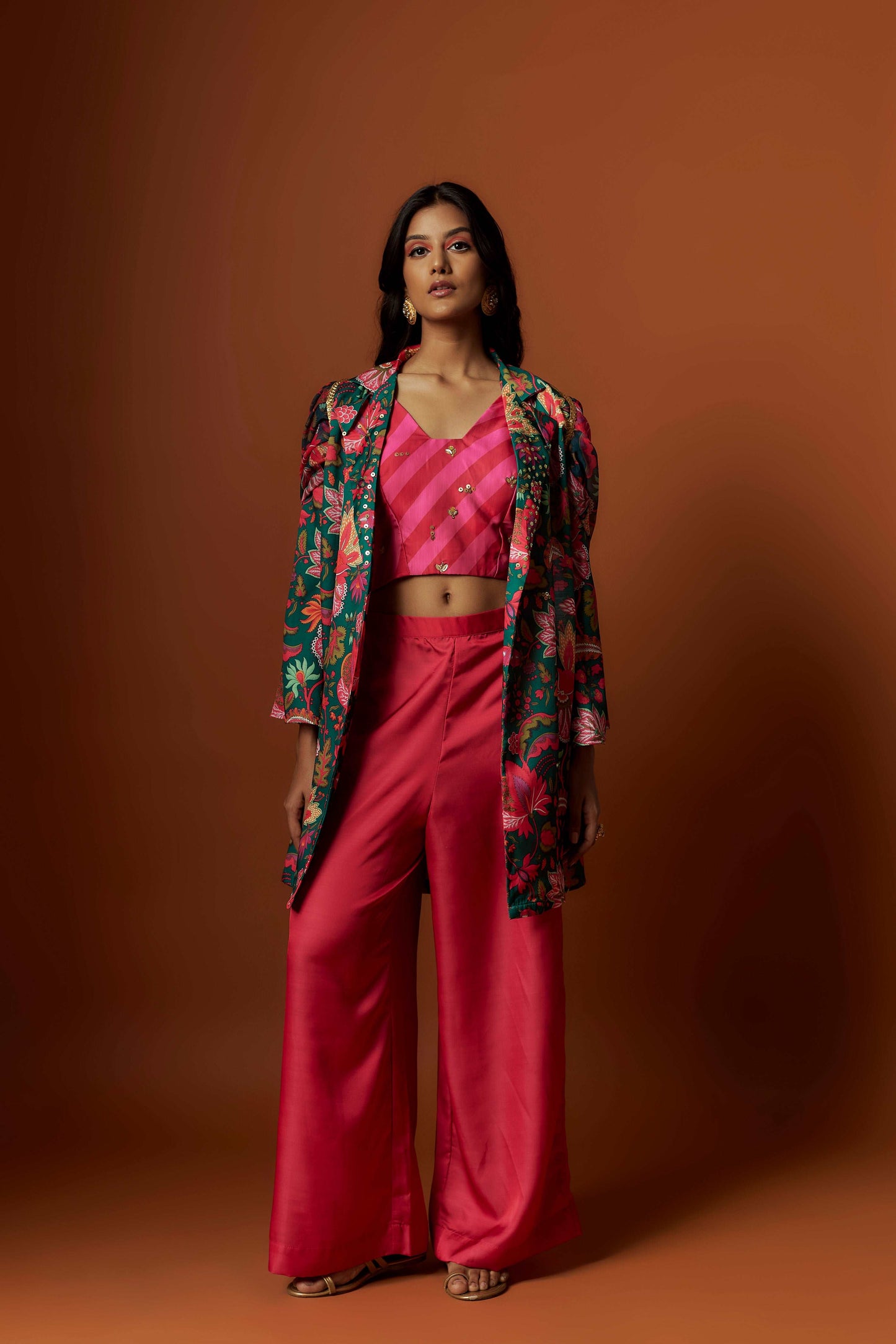 slub linen satin pink printed jacket set with hand embroidery.