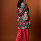 slub linen satin pink printed jacket set with hand embroidery.